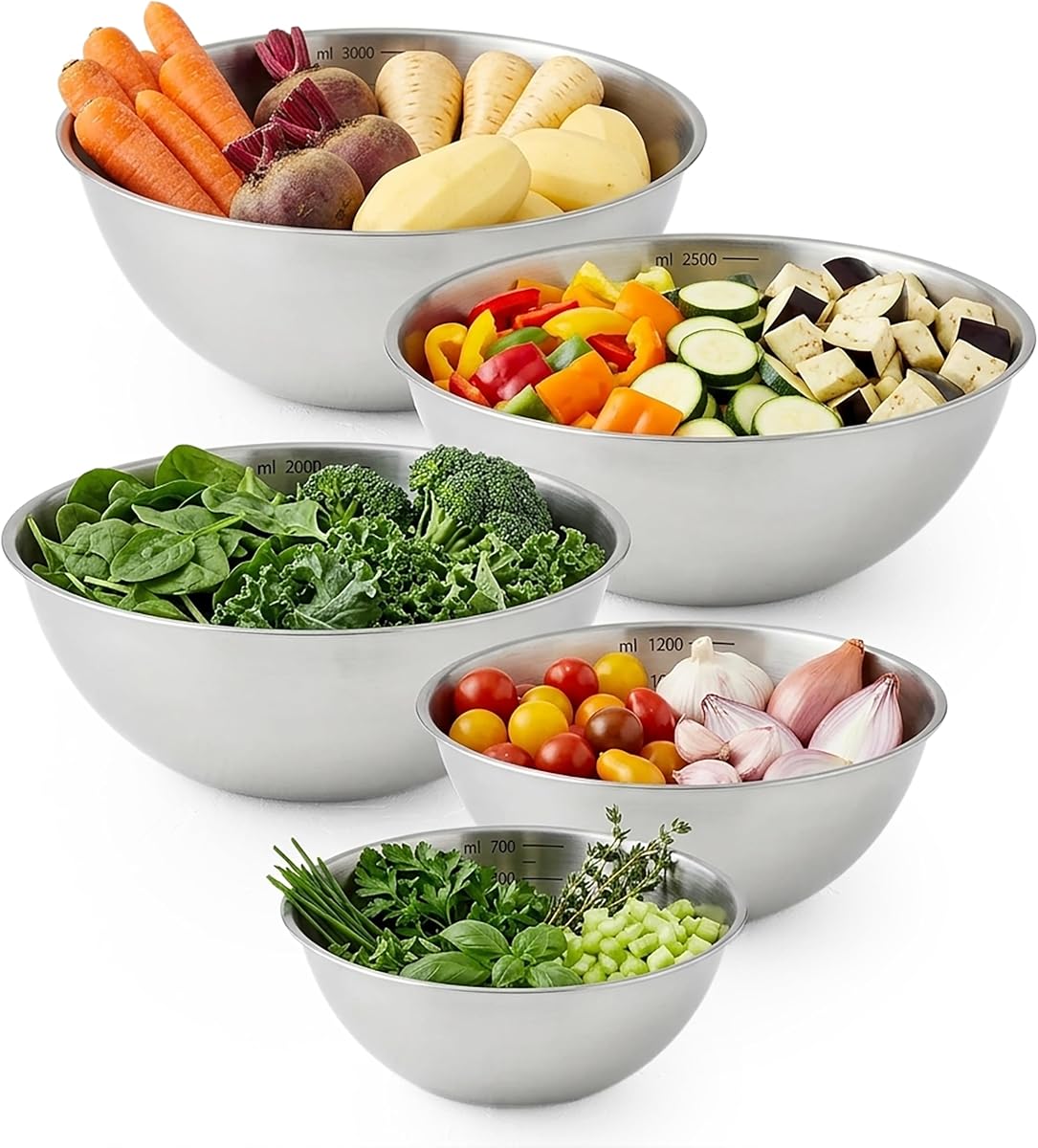 HAMMER IRON ALLEY 5PCS Stainless Steel Mixing Bowls, HIA Silver Metal Mixing Bowl Set for Prepping Mixing Baking Cooking and Serving Food, Nesting Design, Dishwasher Safe
