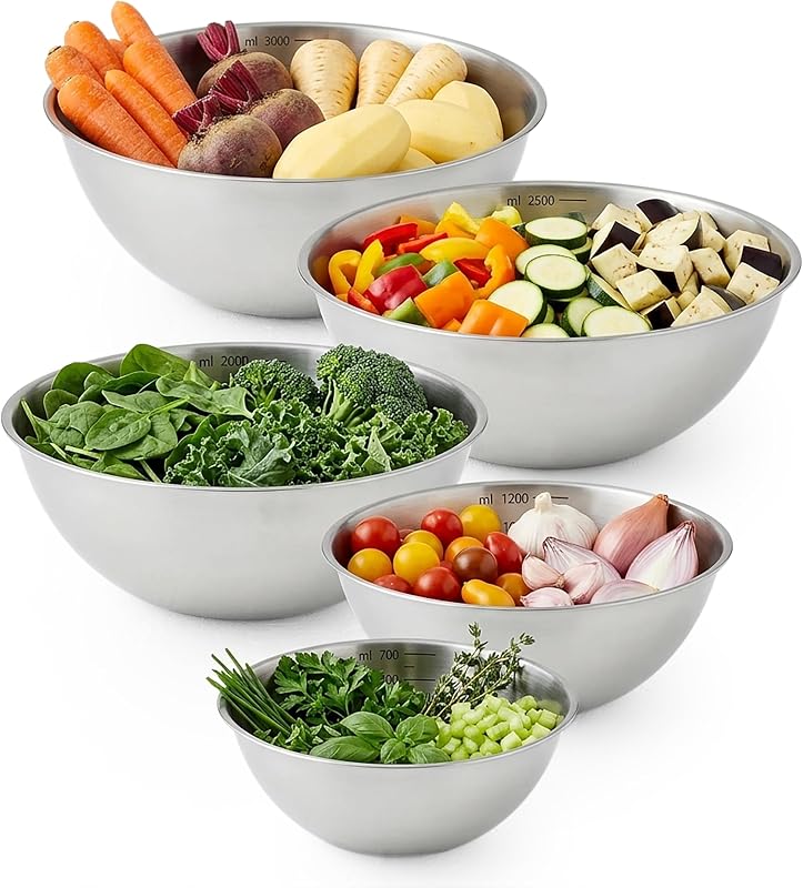 HAMMER IRON ALLEY 5PCS Stainless Steel Mixing Bowls, HIA Silver Metal Mixing Bowl Set for Prepping Mixing Baking Cooking and Serving Food, Nesting Design, Dishwasher Safe