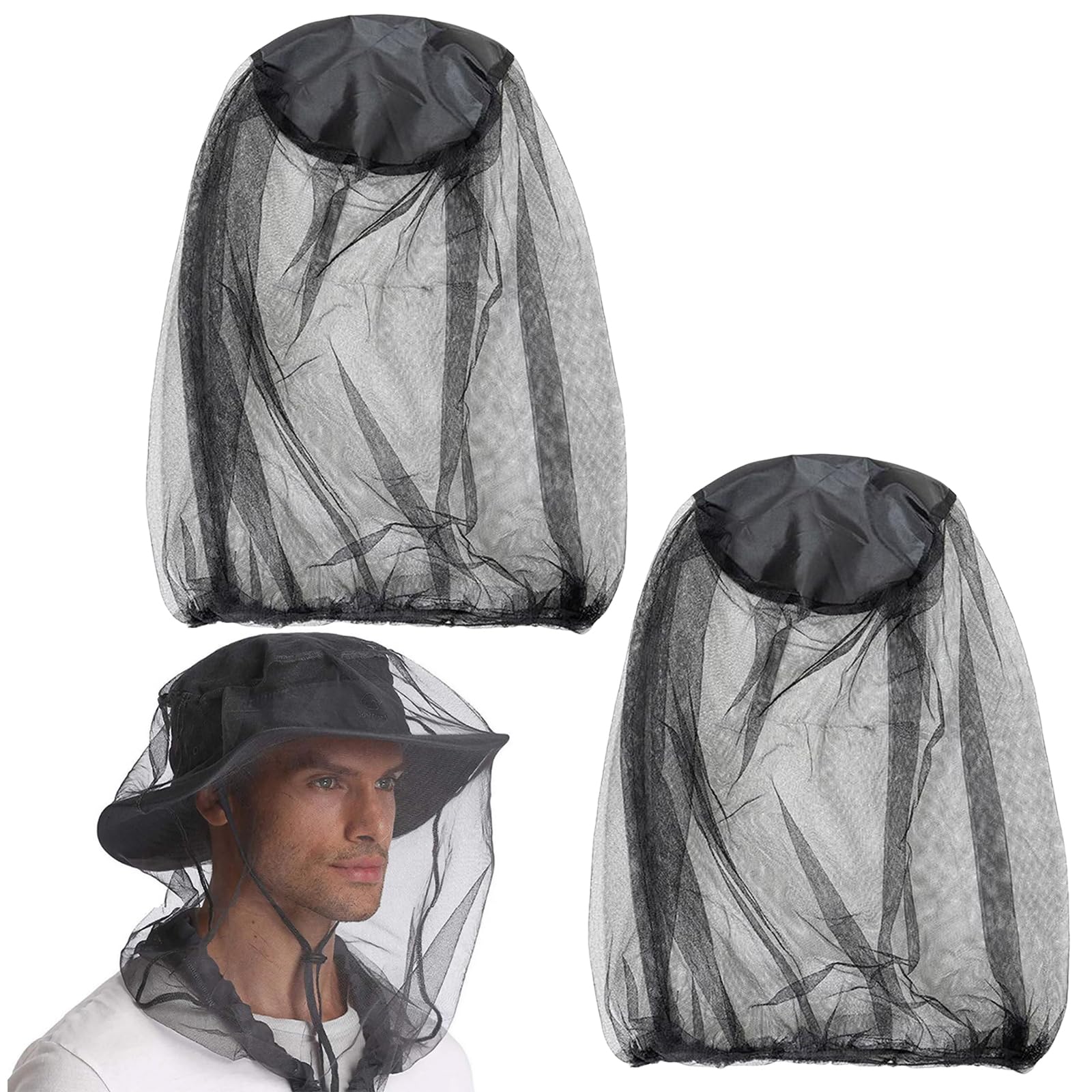 2 Pezzi Cappello Apicoltore con Rete Zanzariera Testa, Maschera Anti Insetti e Zanzare per Pesca, Escursionismo e Campeggio, Protezione Viso in Nylon Traspirante, Nero