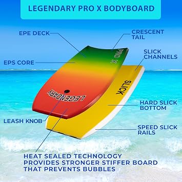 Bodyboard for Beach with Hard Slick Bottom, Boogie Boards for Kids & Adults, Legendary Pro X Heat Sealed with EPS Core, Leash