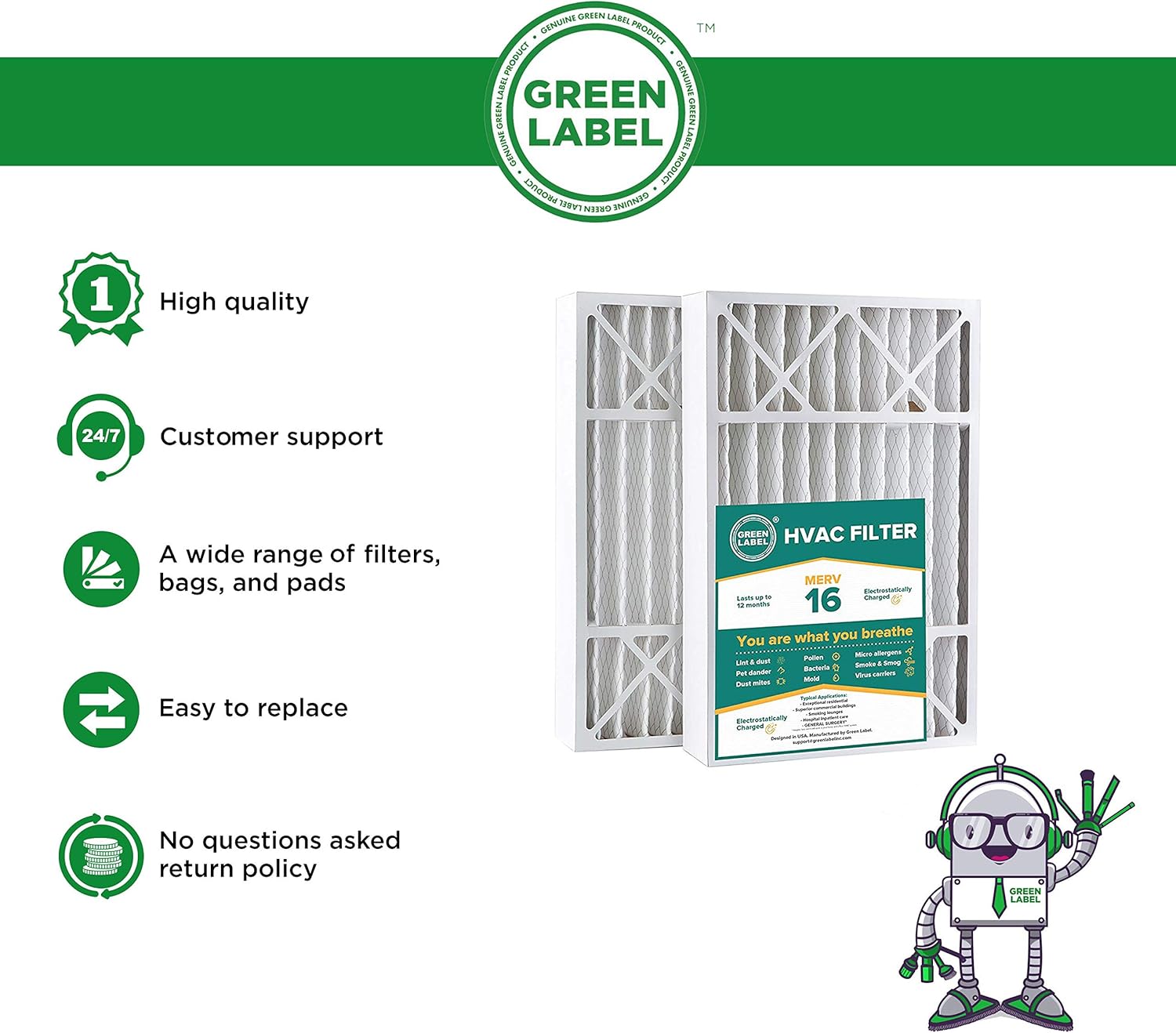 Hоttеѕt Sаlеѕ Green Label Brand HVAC Air Filter 16x25x5, AC Furnace Air Ultra Cleaning Filter MERV 16 - Pack of 2