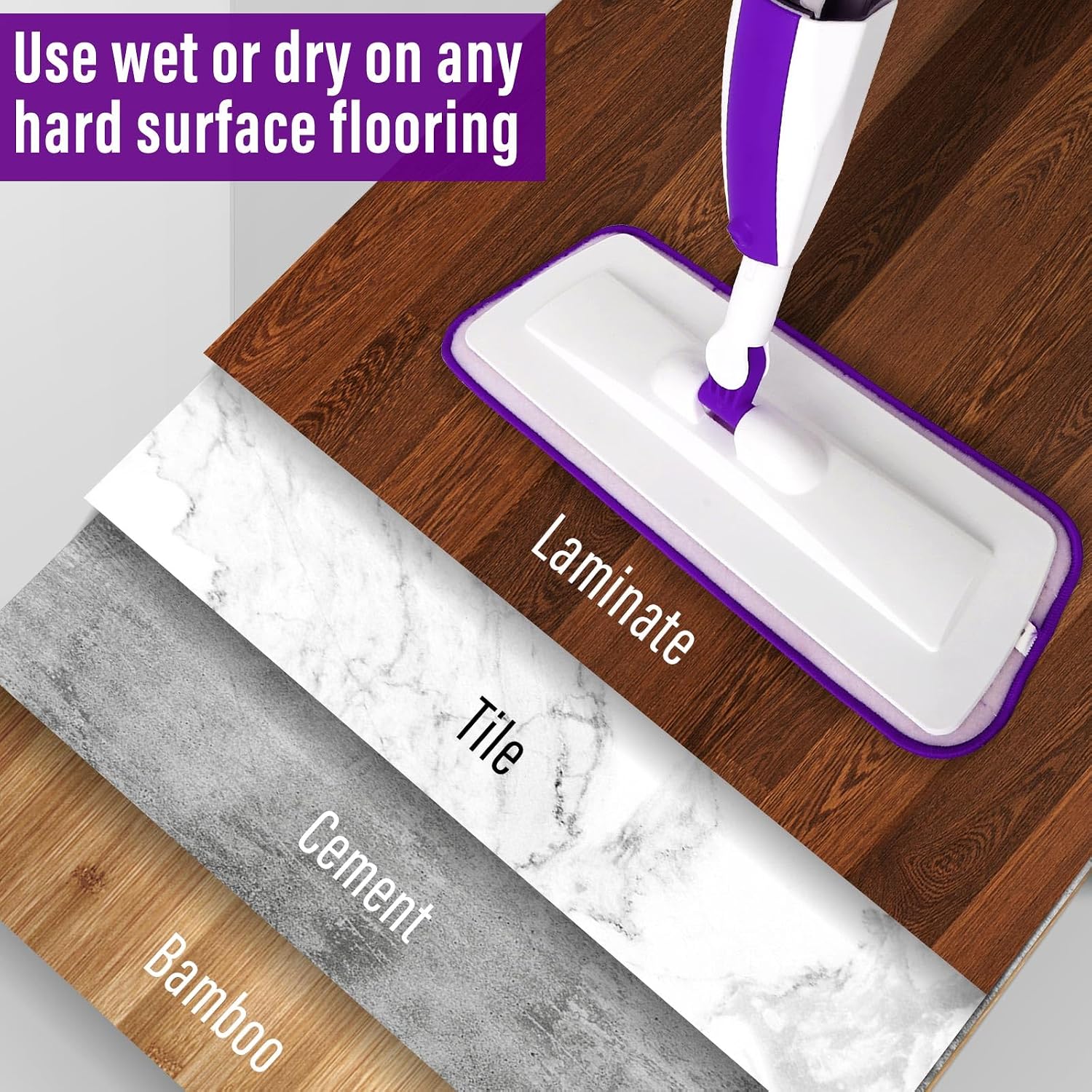 Microfiber Hardwood Floor Spray Mop with 3 Pads & Refillable Bottle | 400+ML refillable bottle, 360° swivel head, wet mopping & dry sweeping for hardwood, tile, laminate and sealed wood floors.