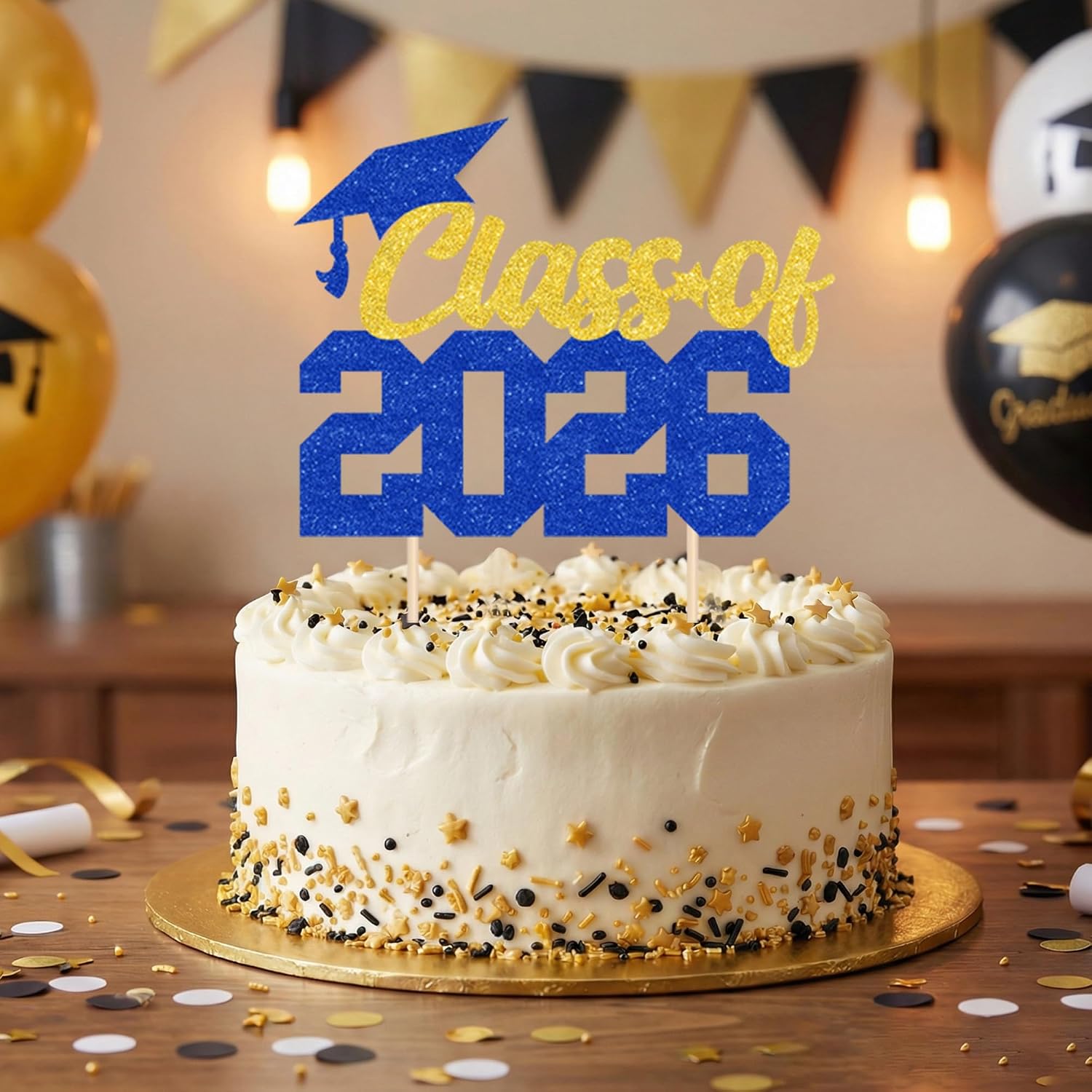 Trgowaul Class of 2026 Blue Gold Graduation Decorations, Congrats Grad Graduation Banner, Fringe Curtains, Class of 2026 Cake Topper and Latex Balloons, College High School Graduation Party Supplies