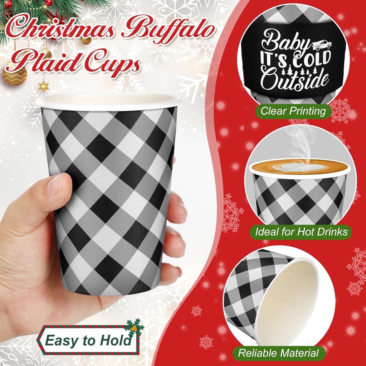 Layhit 100 Pcs Christmas Buffalo Plaid Coffee Cups Christmas Paper Cups Disposable with Lids Sleeves and Stirring Straws for Winter Christmas Hot Cocoa Party Supplies (Black and White,16 oz)