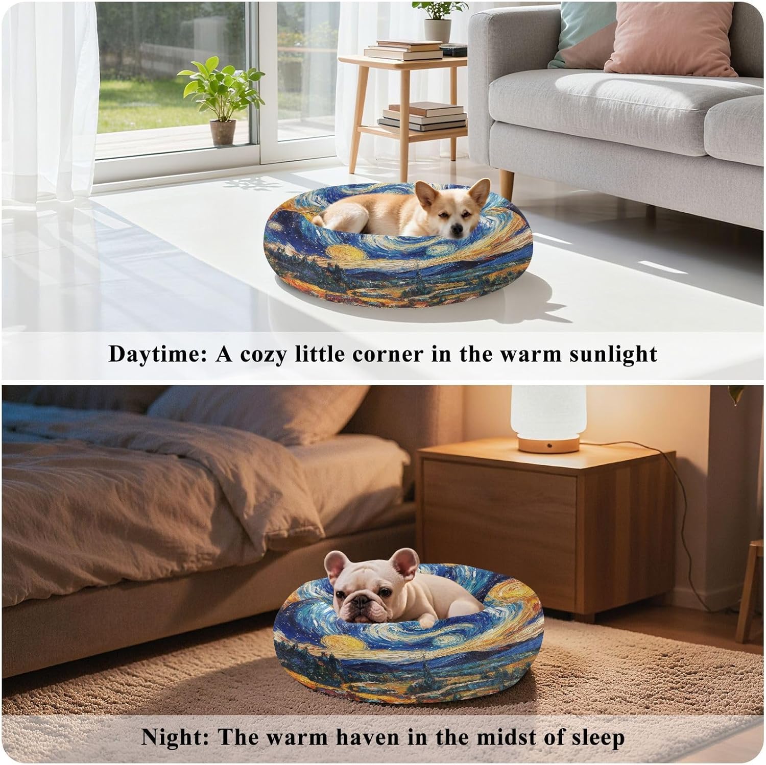 Dog Bed Ultra Soft Fluffy Comfortable Cat Bed, Van Gogh Art Washable Dog Beds Anti-Slip Round Pet Beds for Medium Dogs