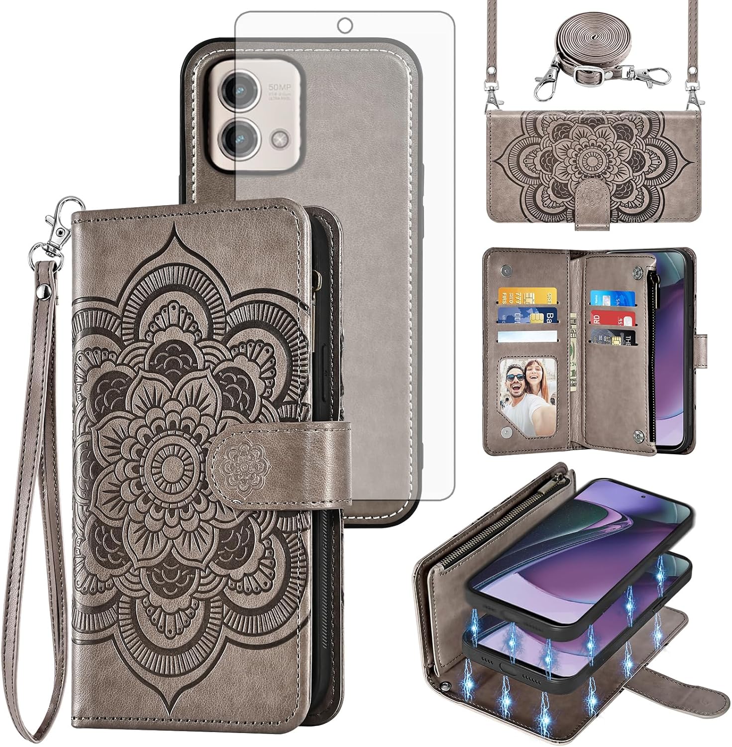 Asuwish Phone Case for Motorola Moto G Stylus 5G 2023 Zipper Wallet Detachable Cell Cover with Tempered Glass Screen Protector Crossbody Strap Flower Card Holder GStylus G5 XT2317DL Women Girls Gray