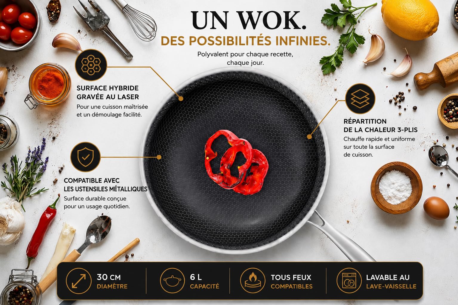 INTIGNIS Wok Hybride Premium 30 cm avec Couvercle en Verre – Acier Inoxydable, Anti-adhésif Sans PFOA, Compatible Induction, Passe au Four & Lave-Vaisselle, Poignée Stay-Cool