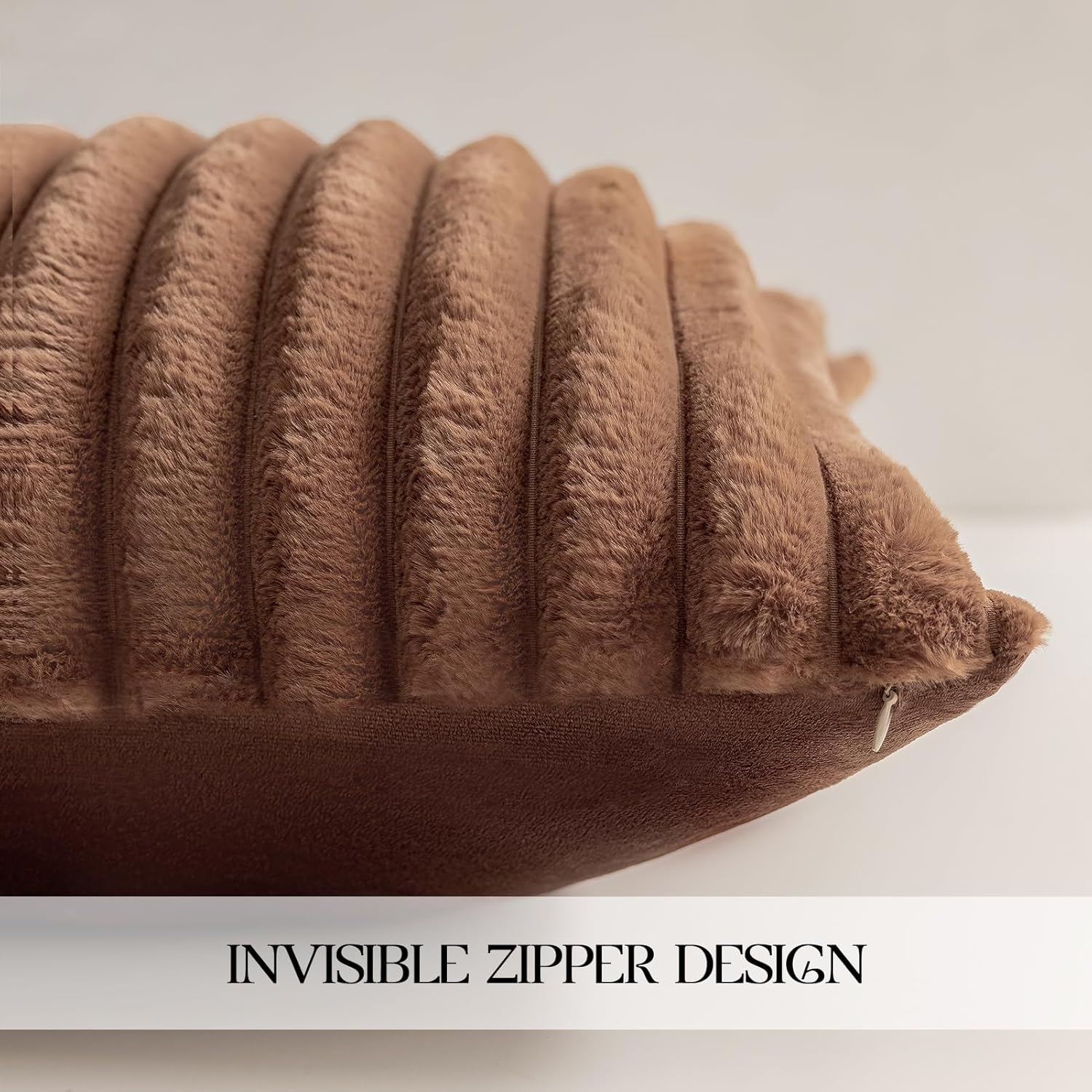 MOSAYT Fall Faux Fur Throw Pillow Covers 20x20, Set of 2, Plush Velvet Soft Pillow Case,Fluffy Striped Decorative Couch Pillow Covers for Sofa, Bedroom, Living Room(Brown) - Image 4