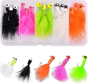 Fishing Jig Heads Crappie Jigs, 25pcs Marabou Jigs Lures Round Ball Head Jig Hooks Hair Jig Feather Fishing Lures for Bass Sunfish Trout Walleye Panfish 1/8oz 1/16oz 1/32oz