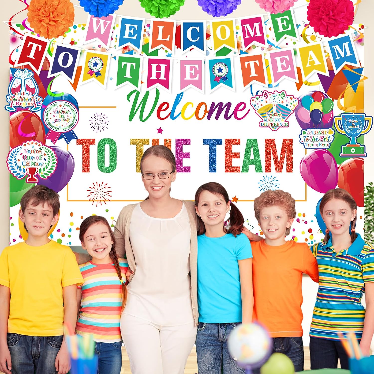 Welcome To The Team Decorations Banner Colorful Glittery Welcome Sign Hanging Decorations New Employee Banner, Honeycomb Centerpieces, Paper Pompoms for School Classroom Teacher Doctor Office
