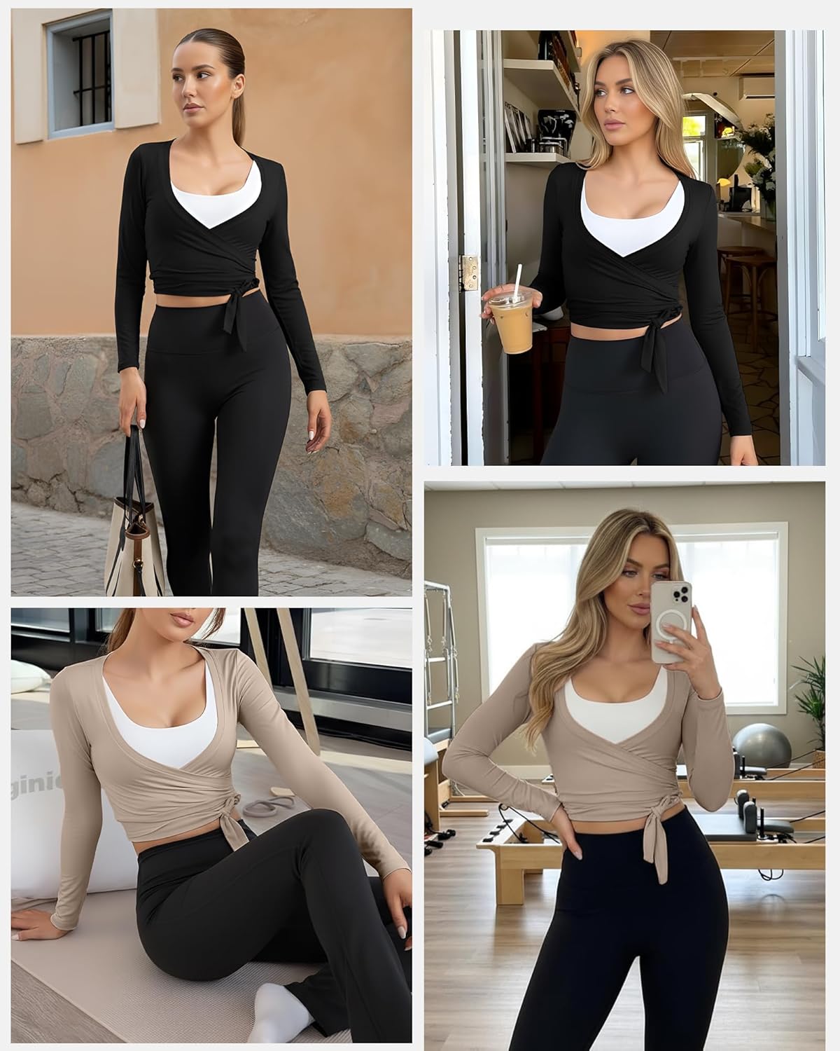 Coume 2 Pack Women’s Ballet Pilates Wrap Top Long Sleeve Tie Front Shrug Yoga Shirt Y2k Workout Active Blouses Crop Tops - Image 6
