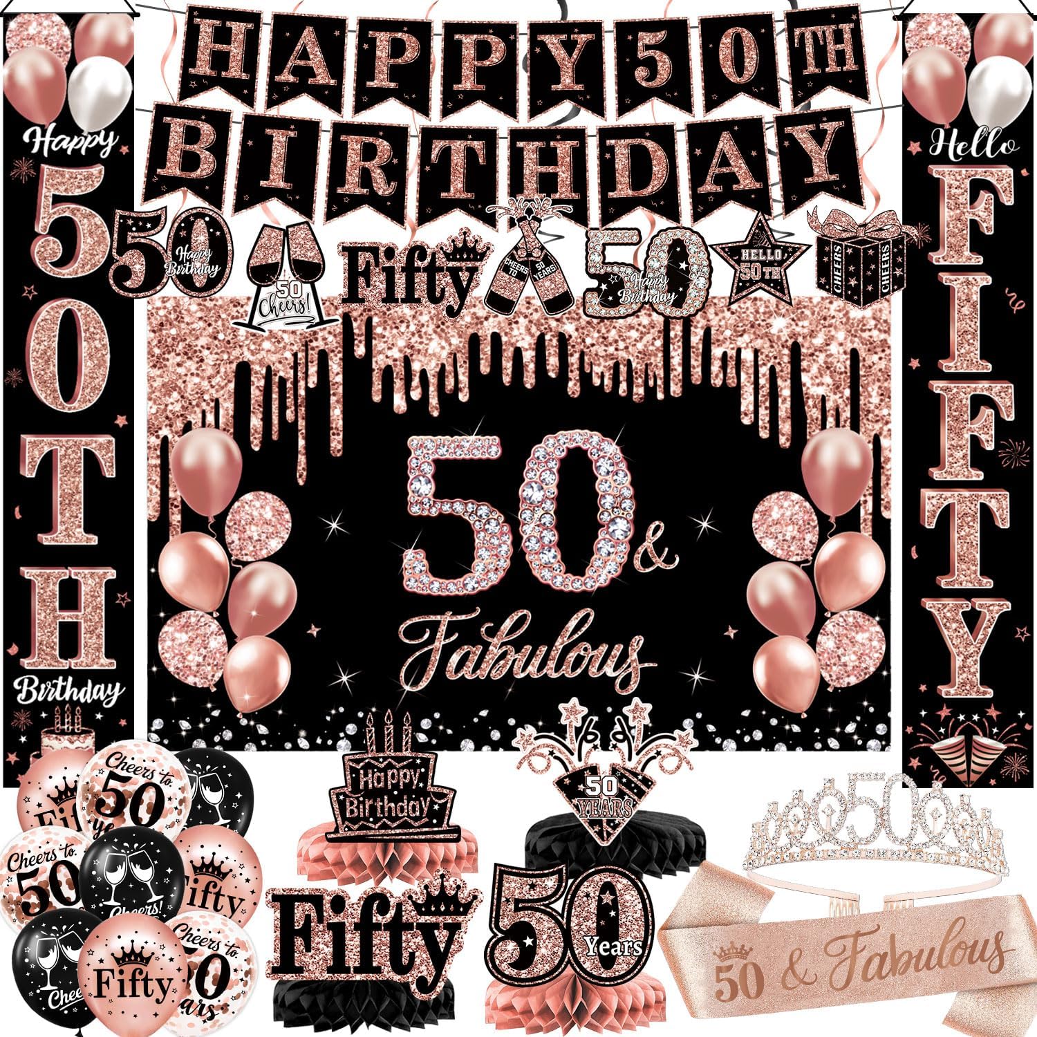50th Birthday Decorations for Women, 38-Piece Black and Rose Gold 50 Years Old Party Supplies with Backdrop, Honeycomb Centerpieces, Banner, Hanging Swirls, Porch Banner, Balloons, Sash, Crown