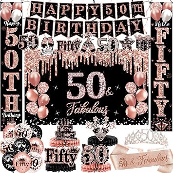 50th Birthday Decorations for Women, 38-Piece Black and Rose Gold 50 Years Old Party Supplies with Backdrop, Honeycomb Centerpieces, Banner, Hanging Swirls, Porch Banner, Balloons, Sash, Crown