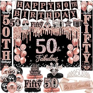 50th Birthday Decorations for Women, 38-Piece Black and Rose Gold 50 Years Old Party Supplies with Backdrop, Honeycomb Centerpieces, Banner, Hanging Swirls, Porch Banner, Balloons, Sash, Crown