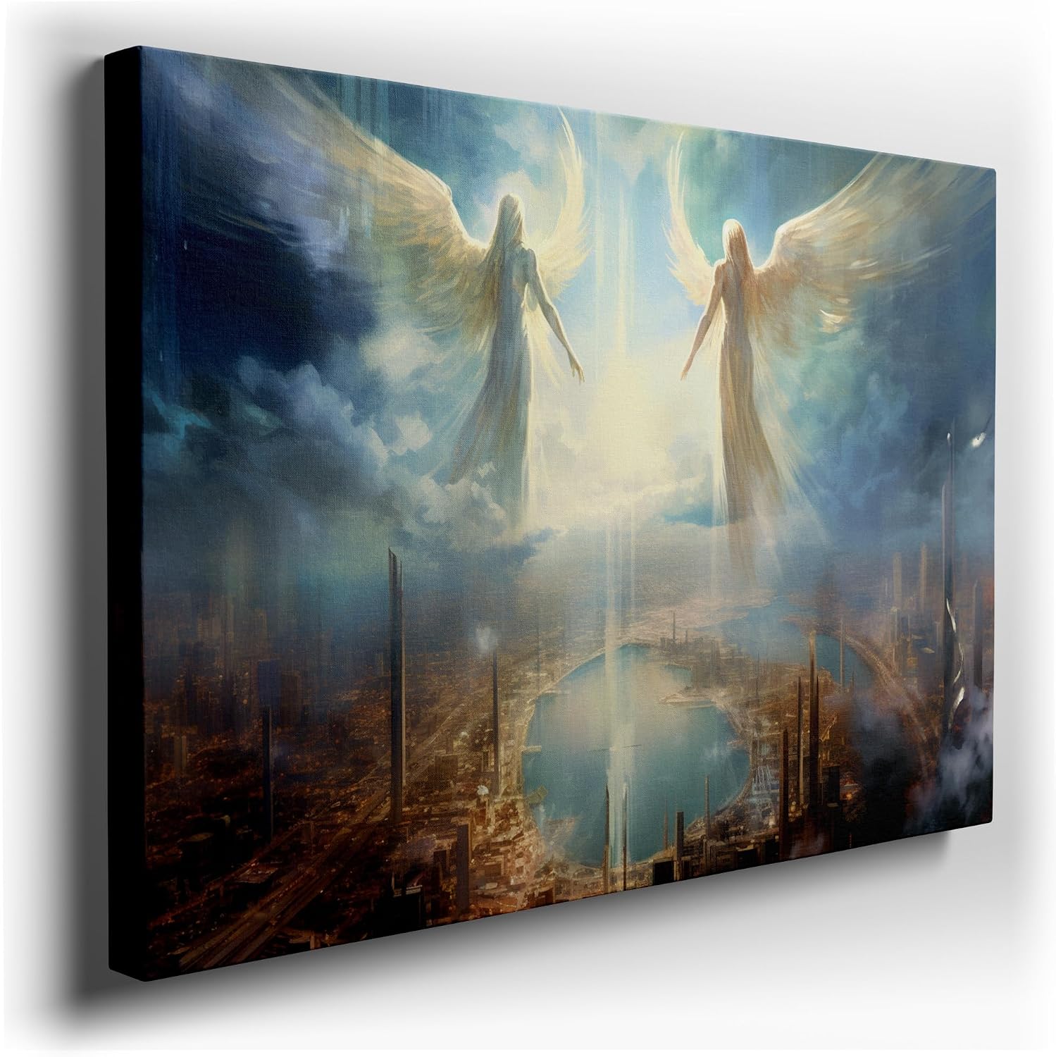 Canvas for Living room. Guardians Above the Metropolis: Heavenly Protectors Over the Waters of Fate, 27 x 18 inch Canvas Wall Art - Spiritual Home Decor