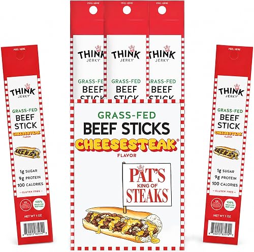 Think Jerky x Pat's King of Steaks Official Cheesesteak Flavor Beef Sticks, Limited Edition, Grass Fed Beef Meat Snacks, High Protein, Gluten Free, Low Sugar, No Nitrites Added, Paleo Friendly, 1oz, 20pack