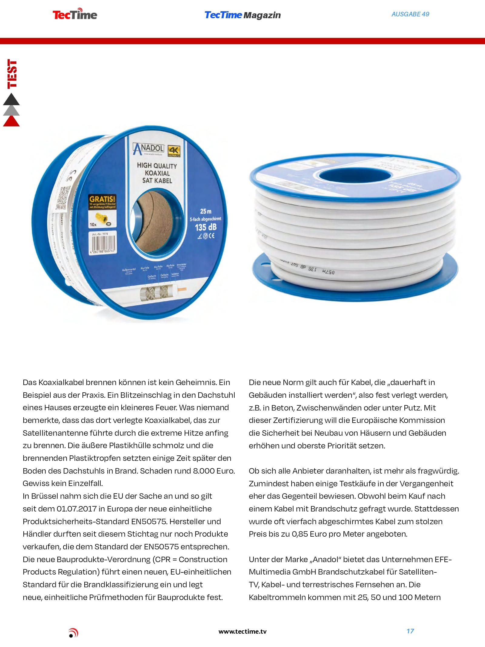 Anadol Câble coaxial anti-incendie avec 10 fiches F plaquées or 5 prises mâles Ø 7 mm 135 dB, blindé 5 fois, standard EN 50575 100 Meter