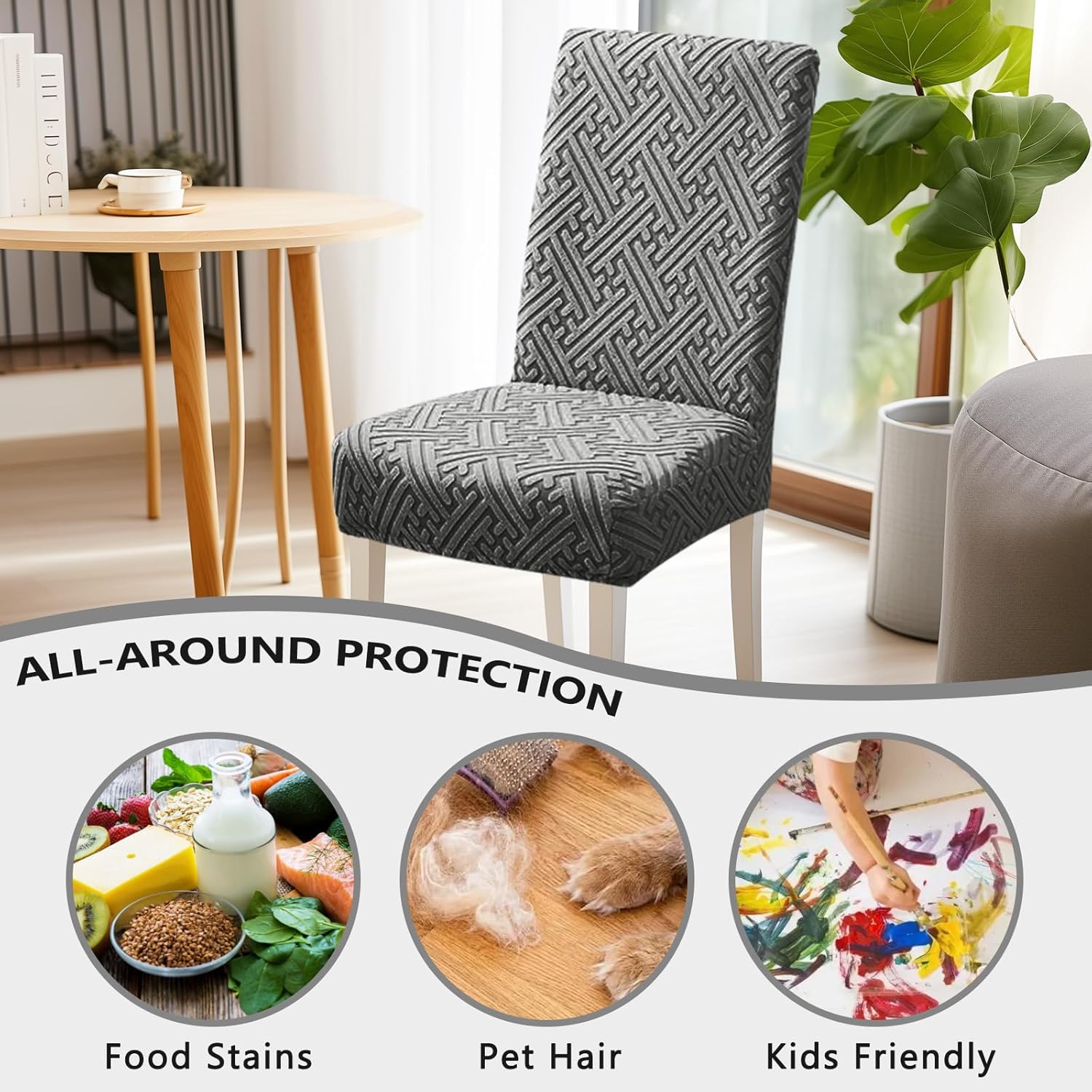 Chair Covers, Stretch Jacquard Dining Room Chair Covers Set of 6, Cat Scratch Resistant Washable Chair Covers for Dining Chairs, Removable Chair Protectors for Dining Room, Kitchen, Hotel, Ceremony