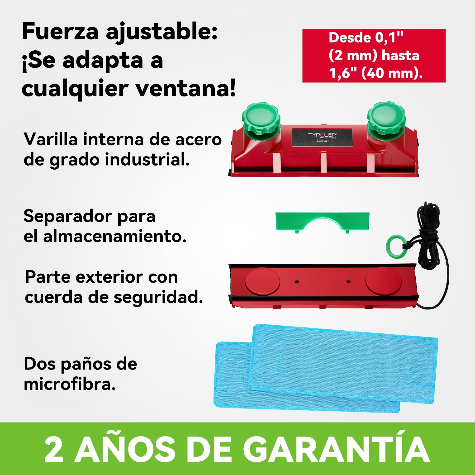 Tyroler limpiacristales magnetico Doble Cristal | Se Adapta a Ventanas de Cristal Simple, Doble y Triple de 2-40 mm | Limpia Ventanas | Limpiador de Cristales magnetico
