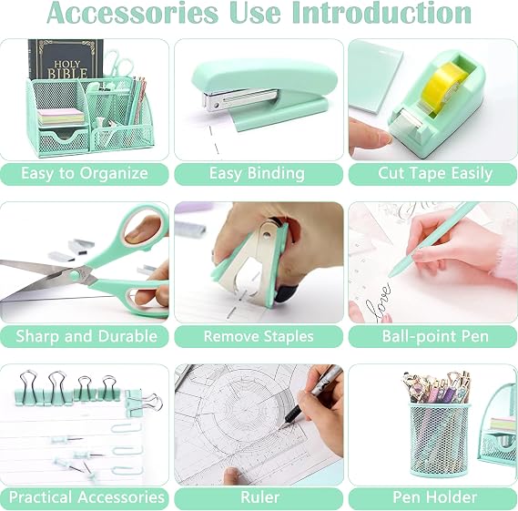 Green Office Desk Accessories Supplies, 12pcs Desk Organizers and Accessories with Tape Dispenser and Stapler,Staples,Staple Remover,Pen Holder,Scissor,Ruler,Sticky Tabs,Tape,Ballpoint Pen,Clips Set
