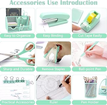 Green Office Desk Accessories Supplies, 12pcs Desk Organizers and Accessories with Tape Dispenser and Stapler,Staples,Staple Remover,Pen Holder,Scissor,Ruler,Sticky Tabs,Tape,Ballpoint Pen,Clips Set