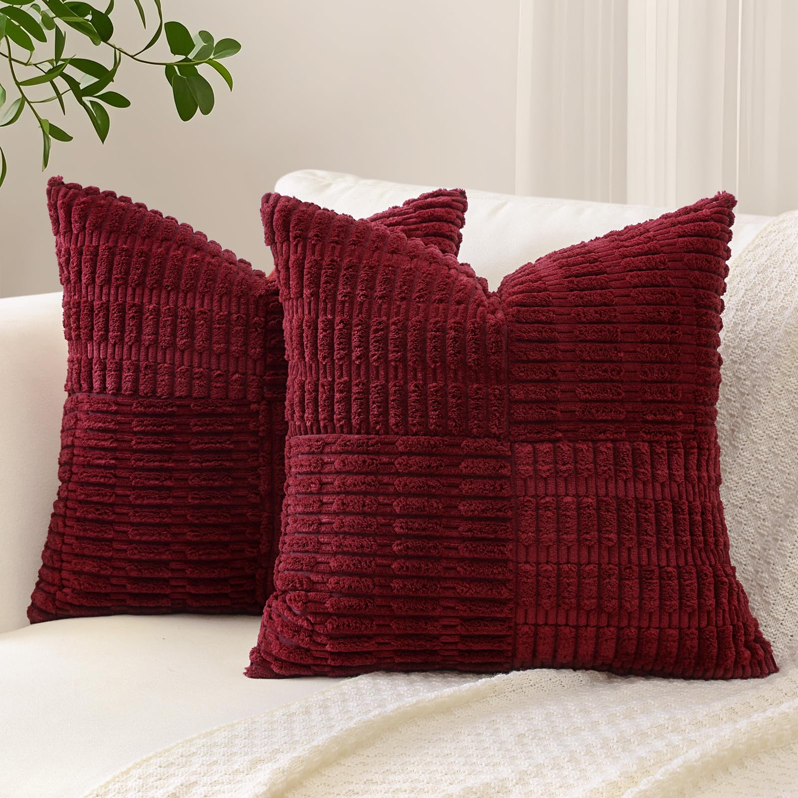 Sungeek Set of 2 Decorative Cushion Covers 40 x 40cm Soft Corduroy Striped Cross Patchwork Textured Pillow Cases Boho Farmhouse Square Throw Pillow Covers for Sofa Bed Patio 16x16 Inch, Burgundy — image 1