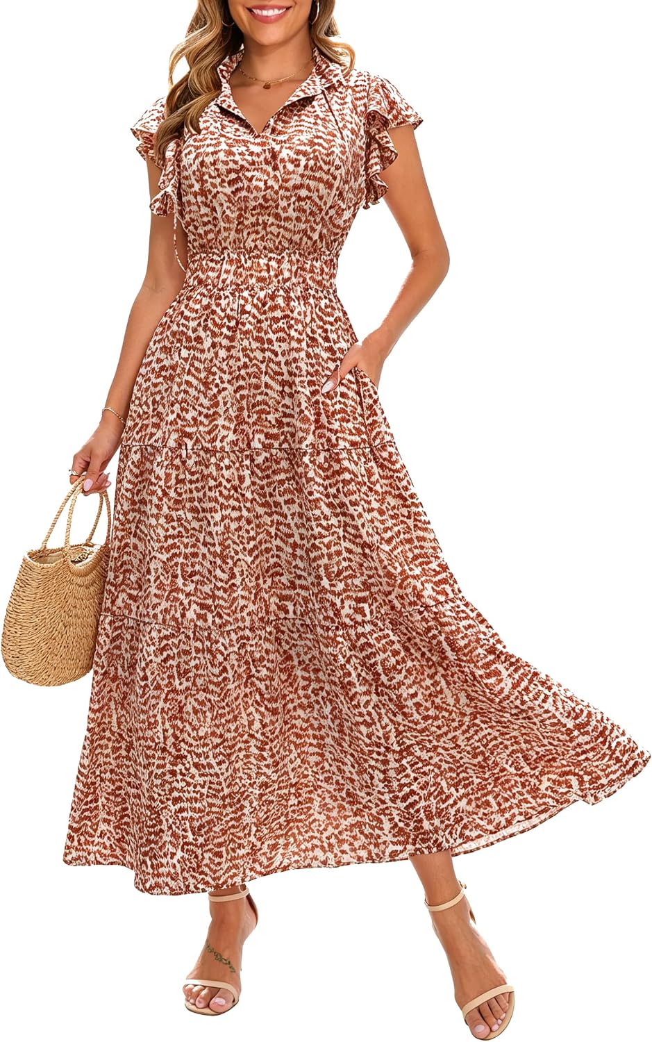 Kranda Women Boho Floral Maxi Dress Pockets High Waist