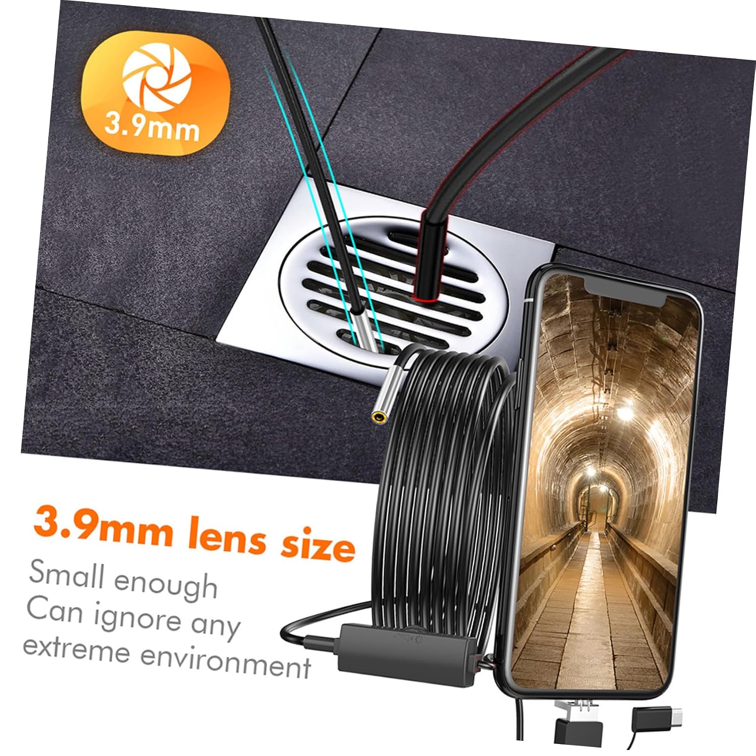 720P Industrial Inspection Camera 3.9mm Lens for Pc and Phone | IP67 Rating, Built-In LED Light, Video and Sound Recording, Plastic and Metal Construction, Black Finish