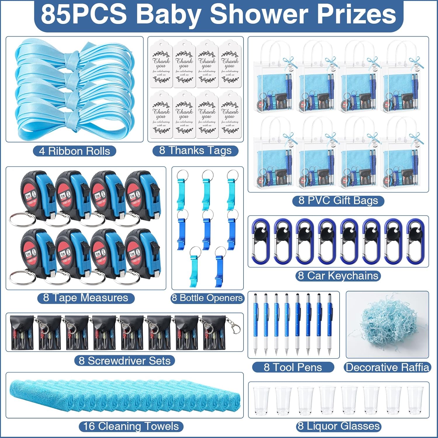 85Pcs Baby Shower Prizes for Men, 8 Sets Winner Gifts with Multi-Tool Pen, Screwdriver, Tape Measure, Bottle Opener, Keychain, Cleaning Cloth & Gift Bags for Winner Bachelor Party Favors (85)