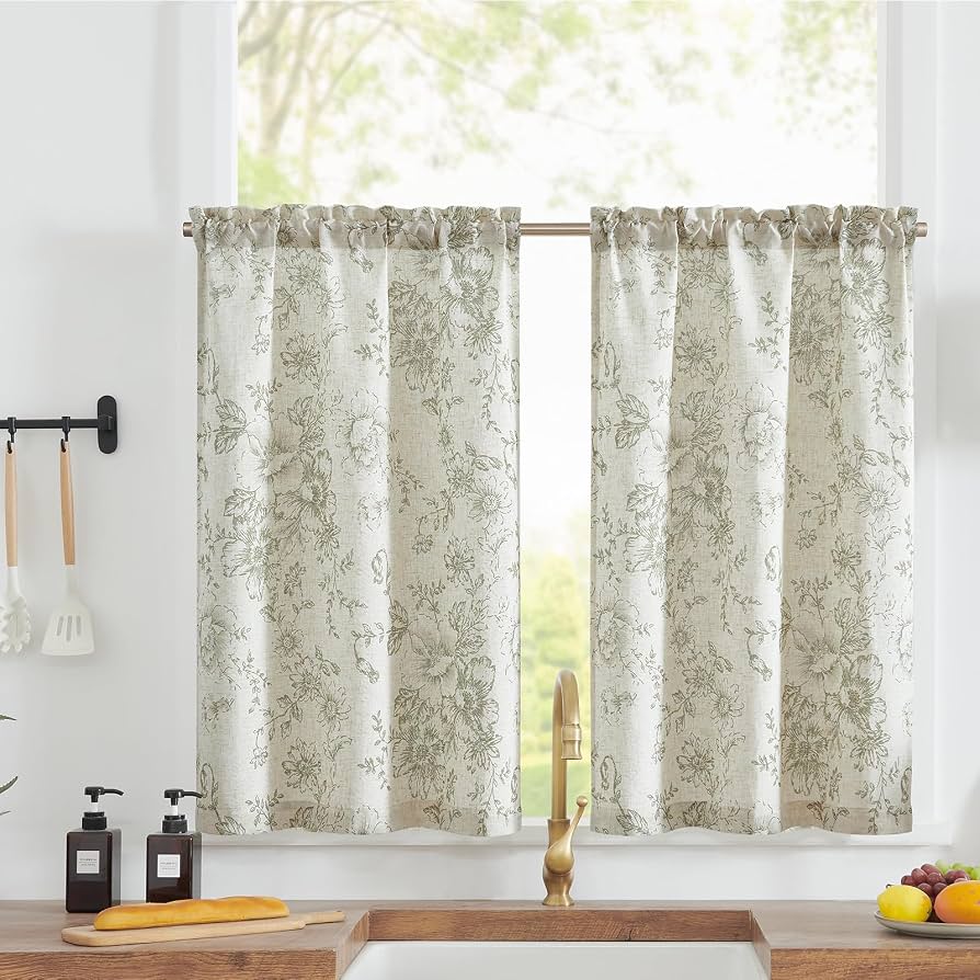 jinchan Floral Linen Tier Curtains Floral Sage on Beige Cafe Curtains 36 Inch Length Kitchen Living Room Bedroom Bathroom Farmhouse Rustic Country Rod Pocket 2 Panels