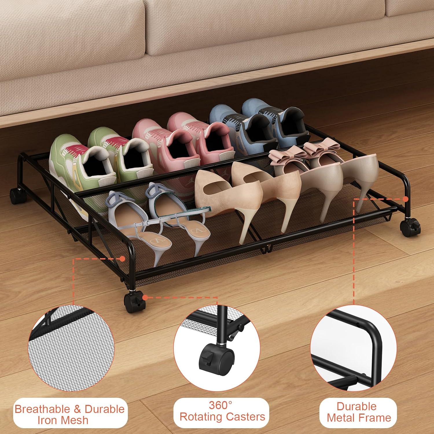 Under Bed Shoe Storage Organizer, 2 Pack Metal Mesh Under Bed Storage Containers with Wheels, Shoe Organizer Drawer Space Saving for Bedroom