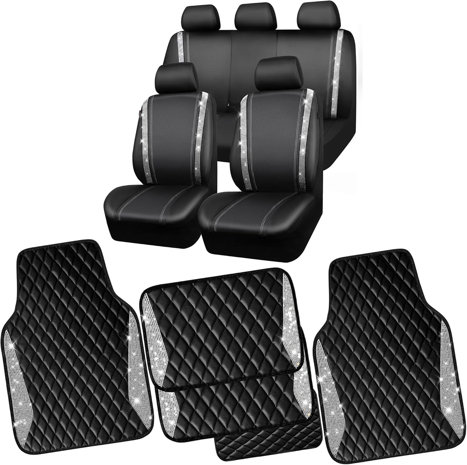 CAR PASS Bling Leather Car Mats Car Seat Covers, Shining Rhinestone Waterproof Leather Car Accessories Full Set Universal Fit Auto Glitter Crystal Sparkle Strips for Cute Women Girl, Silver