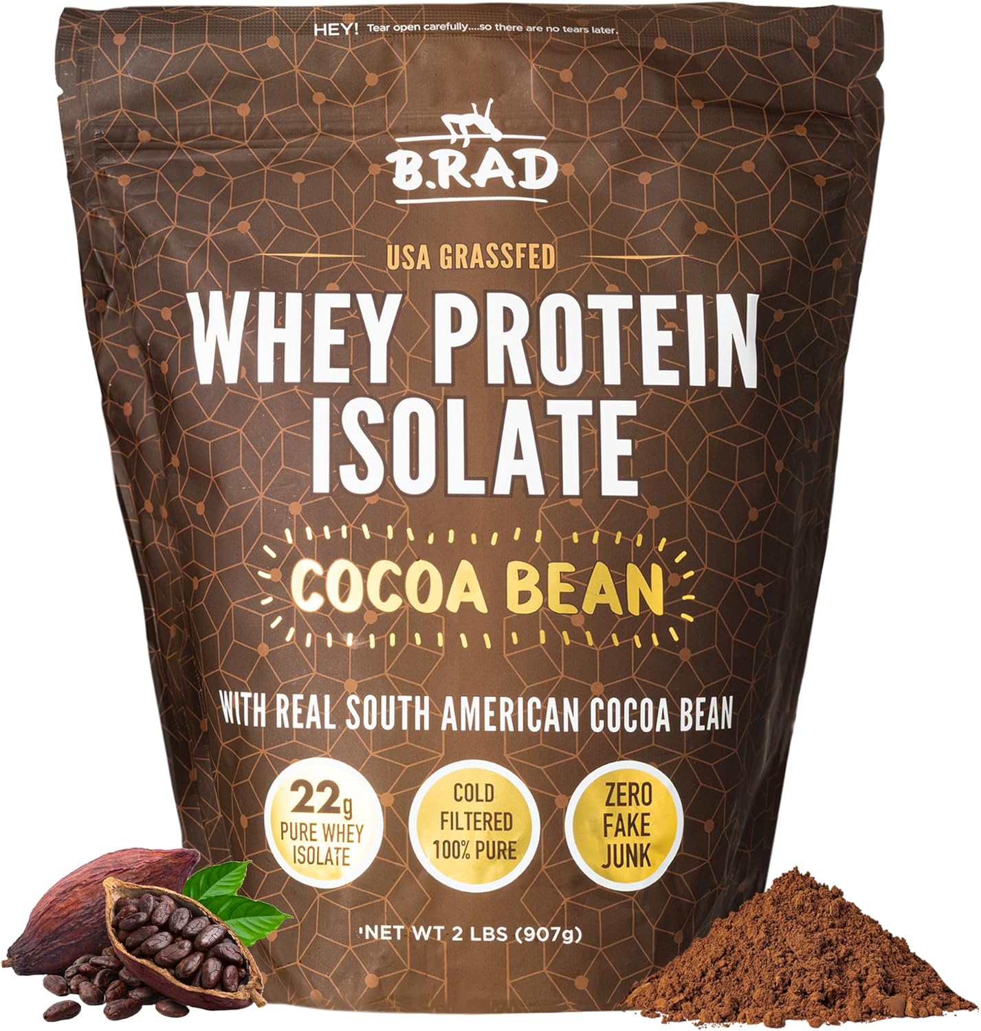 B.rad Grass Fed Whey Protein Isolate | Ultra-Pure, All-Natural, Clean Ingredients | 2 Pounds | 100% USA Sourced | Cocoa Bean (Chocolate)