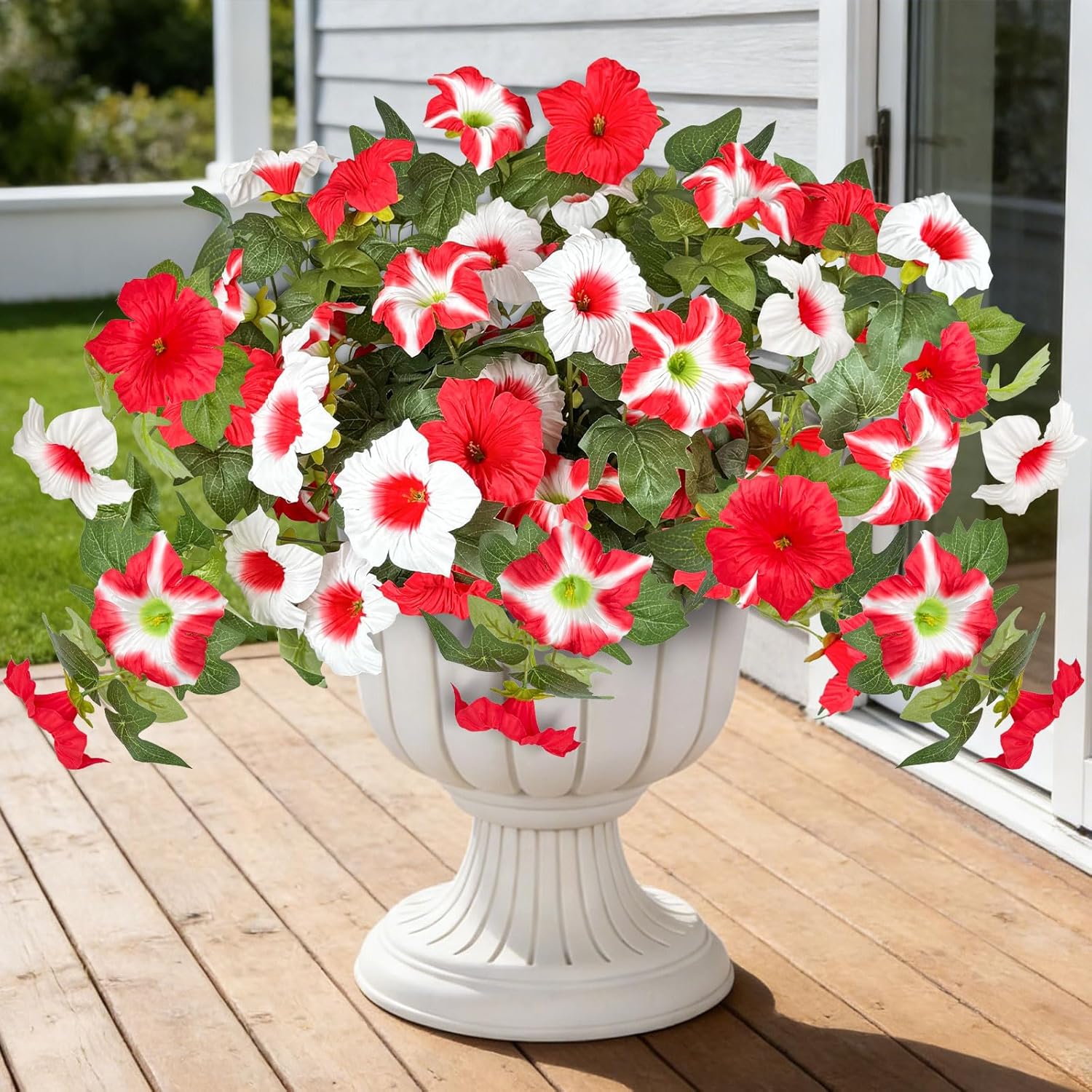 ICX 2PCS Faux Petunias Silk Flower UV Resistant, Artificial Outdoor Flowers, Realistic Artificial Flowers for Outdoors, Pot, Front Door, Porch, Yard, Patio, Window Box, Hanging Basket (Red