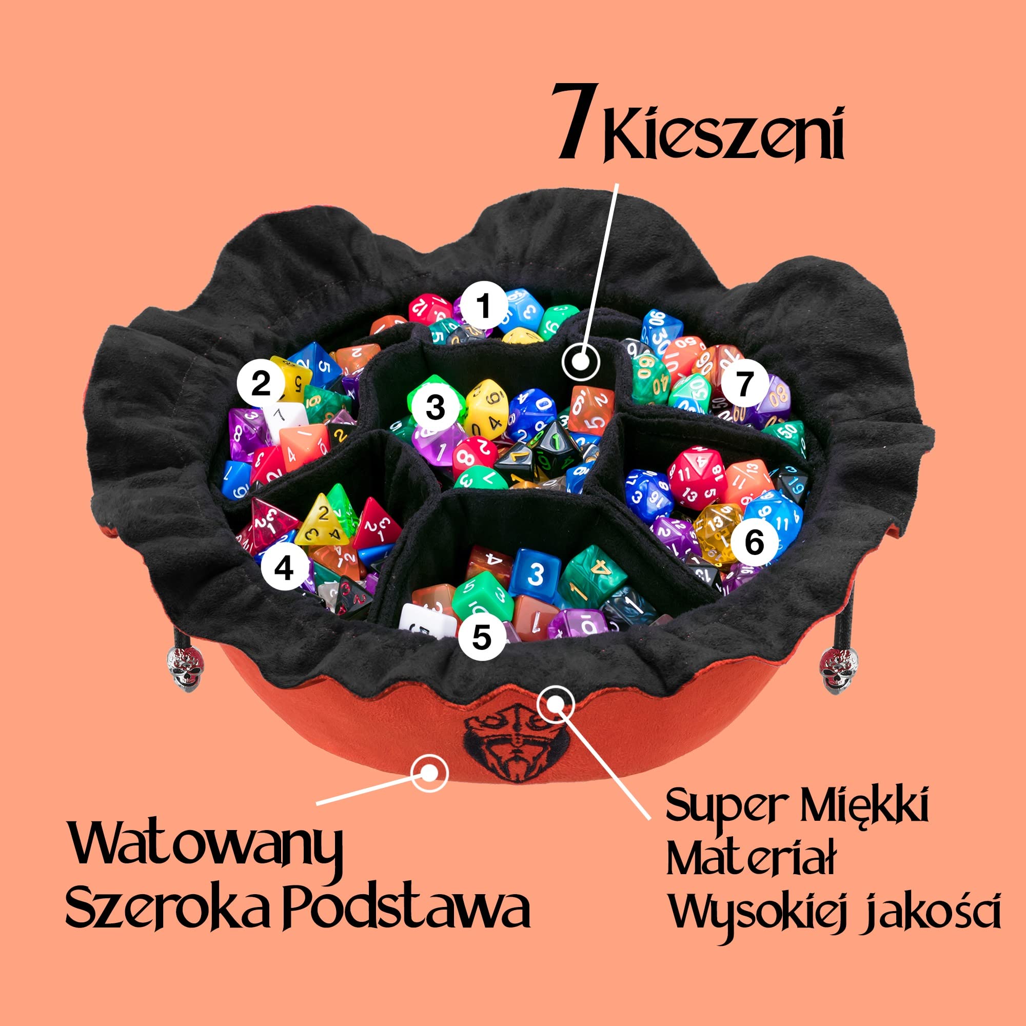 CardKingPro Ogromna Torba na Kości z Kieszeniami - Spalona Pomarańcza - Pojemność 150+ Kości - Świetny Organizer dla Kolekcjonerów, Idealna do Dungeons and Dragons [Opatentowany Design]