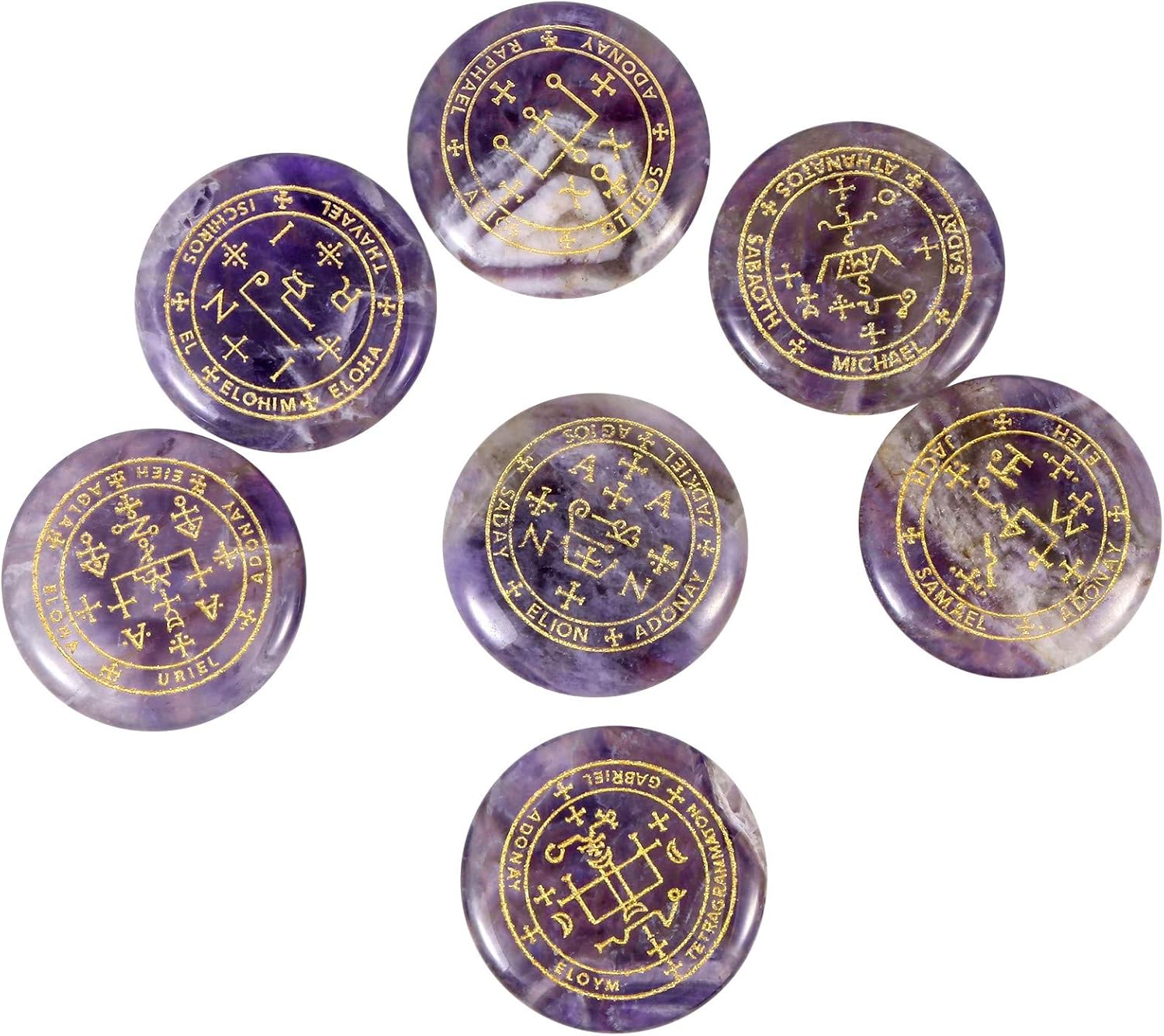 Amogeeli 7pcs Engraved Archangel Symbol Pocket Stone Token, Round Crystal Talisman for Protection