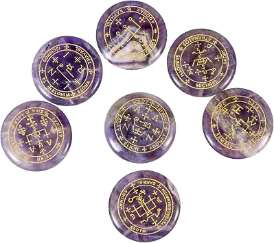 Amogeeli 7pcs Engraved Archangel Symbol Pocket Stone Token, Round Crystal Talisman for Protection
