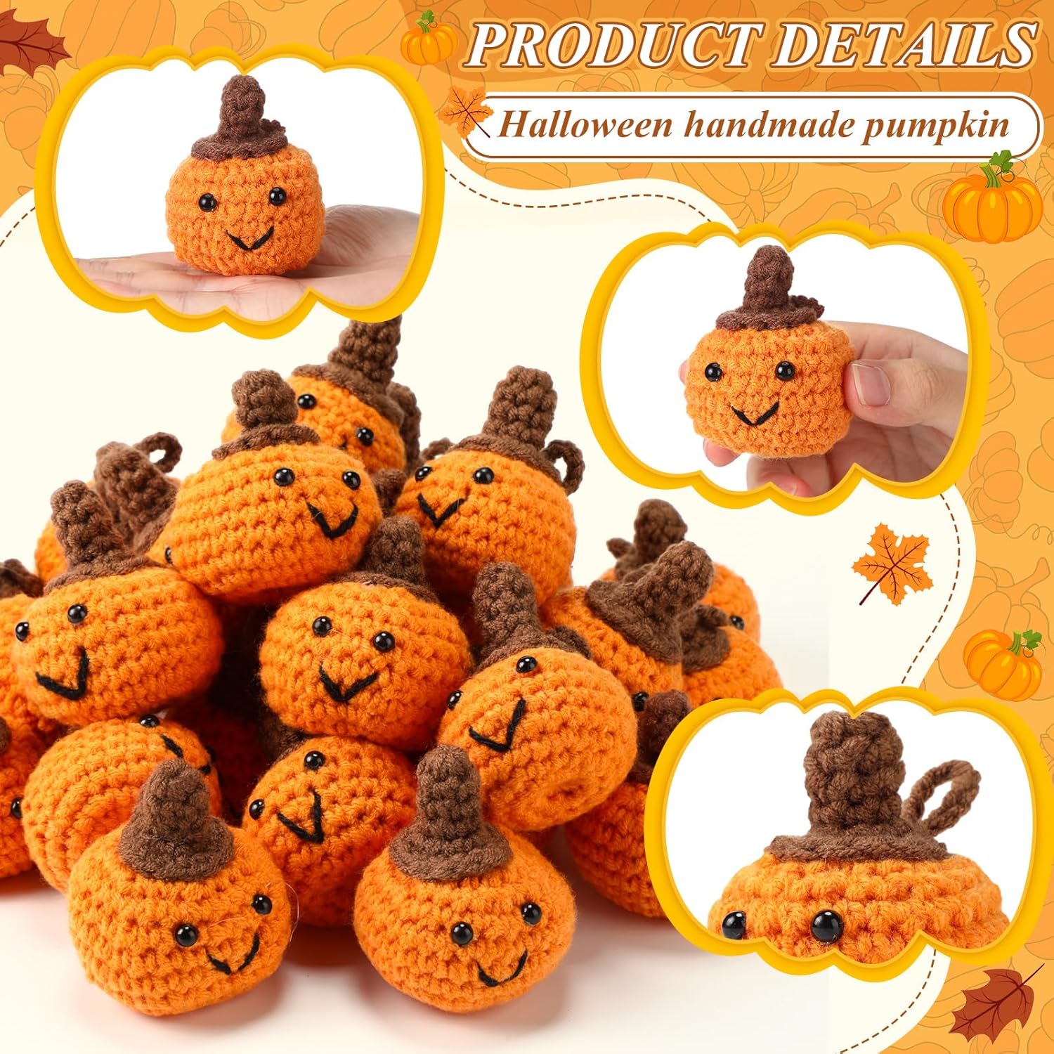 Shappy 50 Sets Fall Pumpkins Bulk Smily Artificial Crochet Pumpkins Keychains with Positive Greeting Cards Organza Bags Small Novelty Thanksgiving Harvest Party Favors Home Table Decor