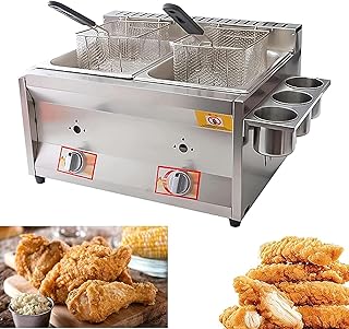 Commercial Fat Fryer Basket 10L+10L Deep Double Gas Fryer with Basket & Lid, Stainless Steel Chicken Chips Fryer, for Home Restaurants Chicken Wings Chips Frying,10l+10l+2*Fried Basket