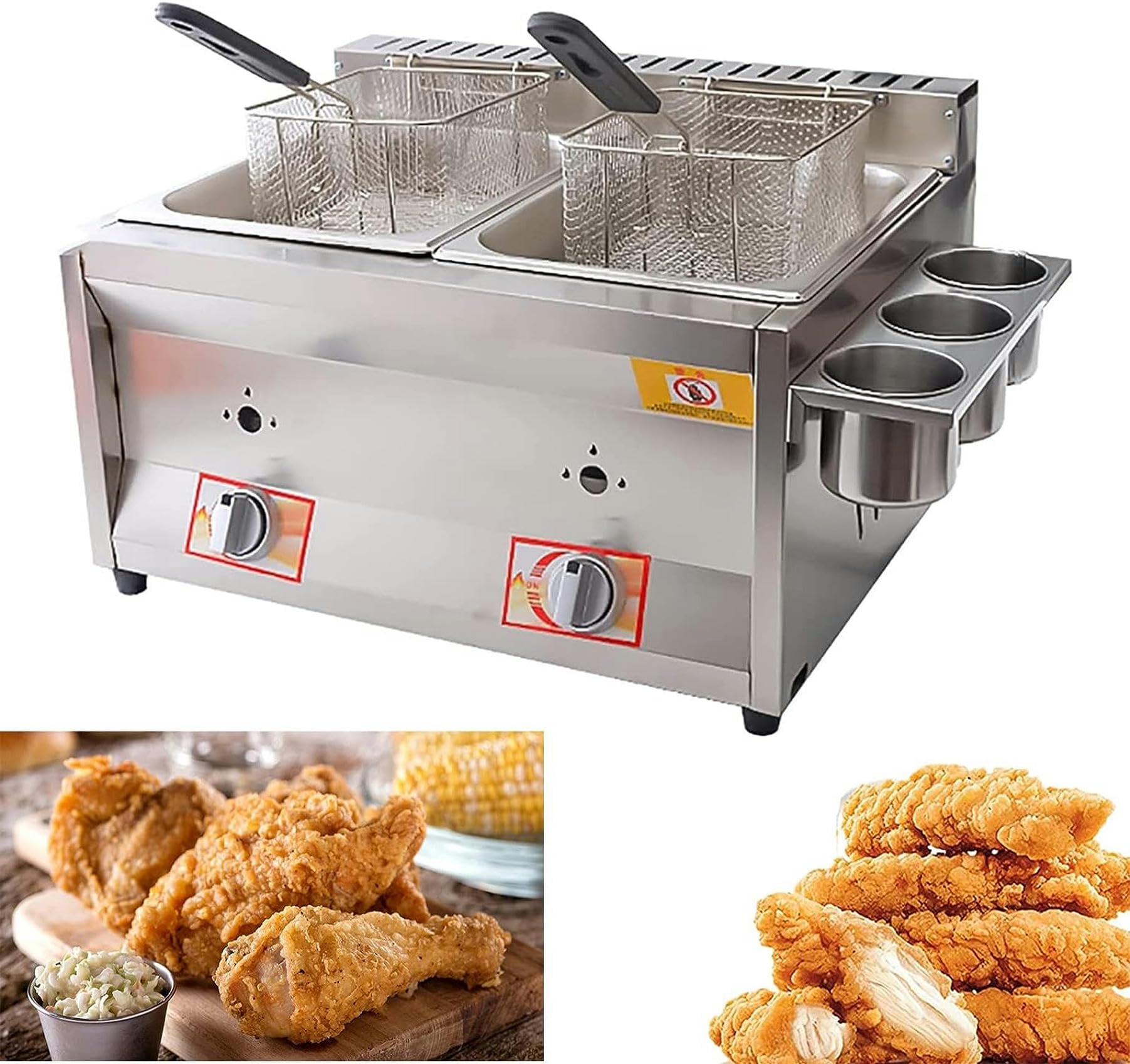 Cesta De Freidora De Grasa Comercial 10L + 10L Freidora De Gas Doble Profunda con Cesta Y Tapa, Freidora De Chips De Pollo De Acero Inoxidable, para Restaurantes Caseros Alitas De Pollo Frit