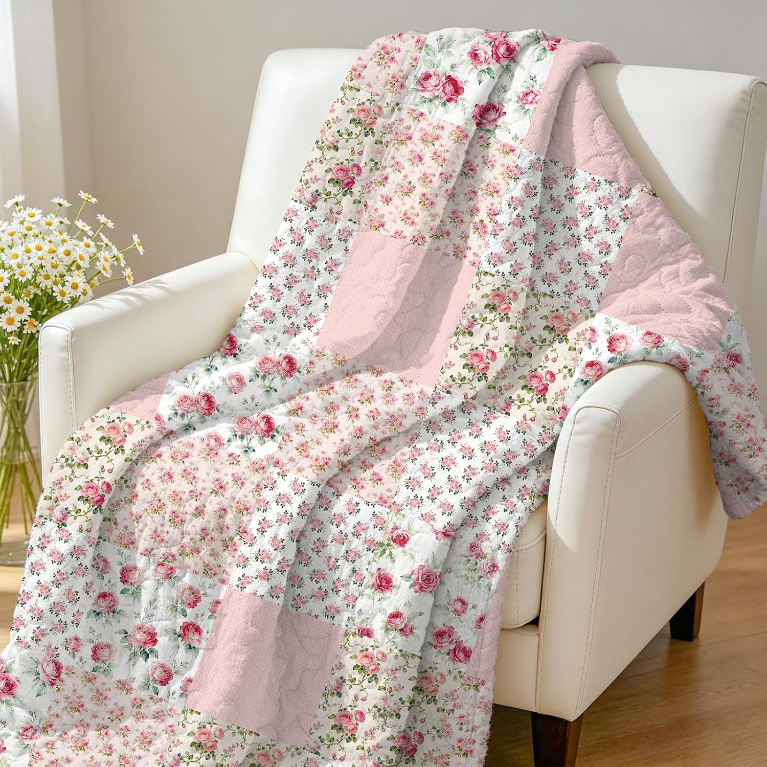 GLOBLELAND Rose Quilted Throw Blanket 59×51 inch Pink Flower Lightweight Blanket Quilt Reversible Floral Patchwork Throw for Couch Chair Sofa Bed Home Office Room Gift