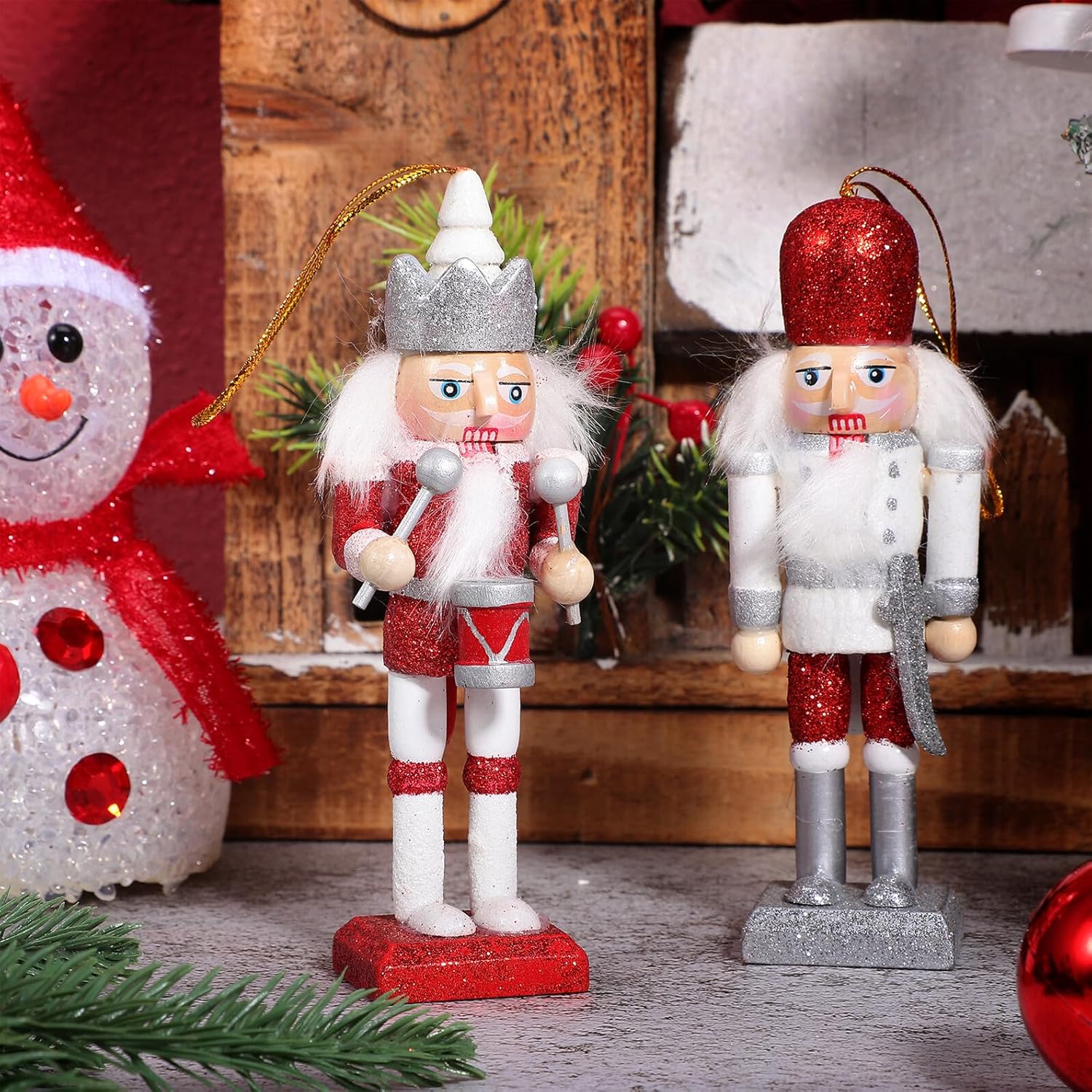 10pcs 13cm Wooden Nutcracker Christmas Decorations Set, Nutcracker Soldier Figurines for Xmas Tree and Home Festival Desktop Ornaments