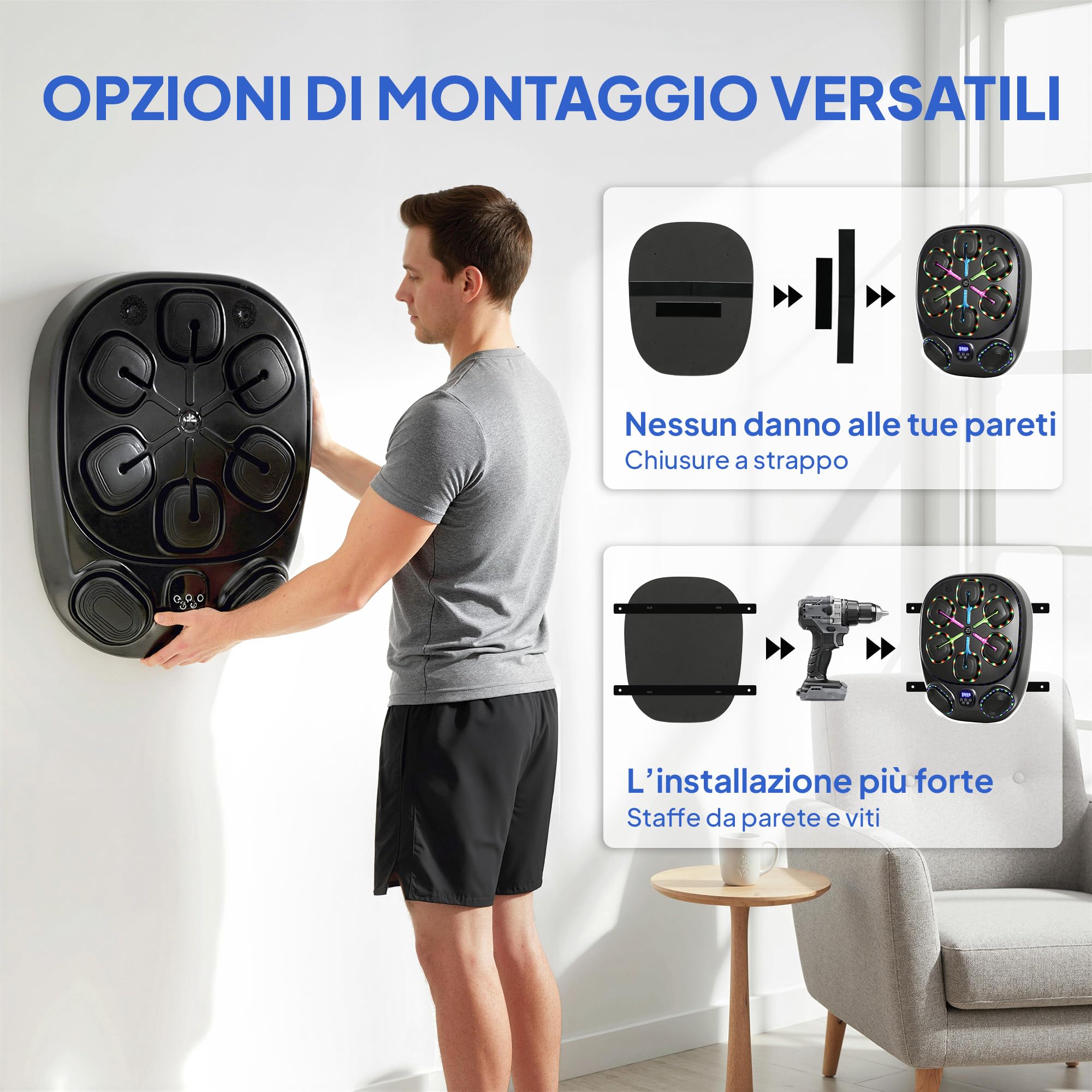 SPORTNOW Macchina da Boxe Musicale a Parete con 9 modalità e Luci LED Multicolore, Music Boxing Machine per Adulti con Connessione Bluetooth, per Casa e Palestra, 61x48x11 cm, Nero
