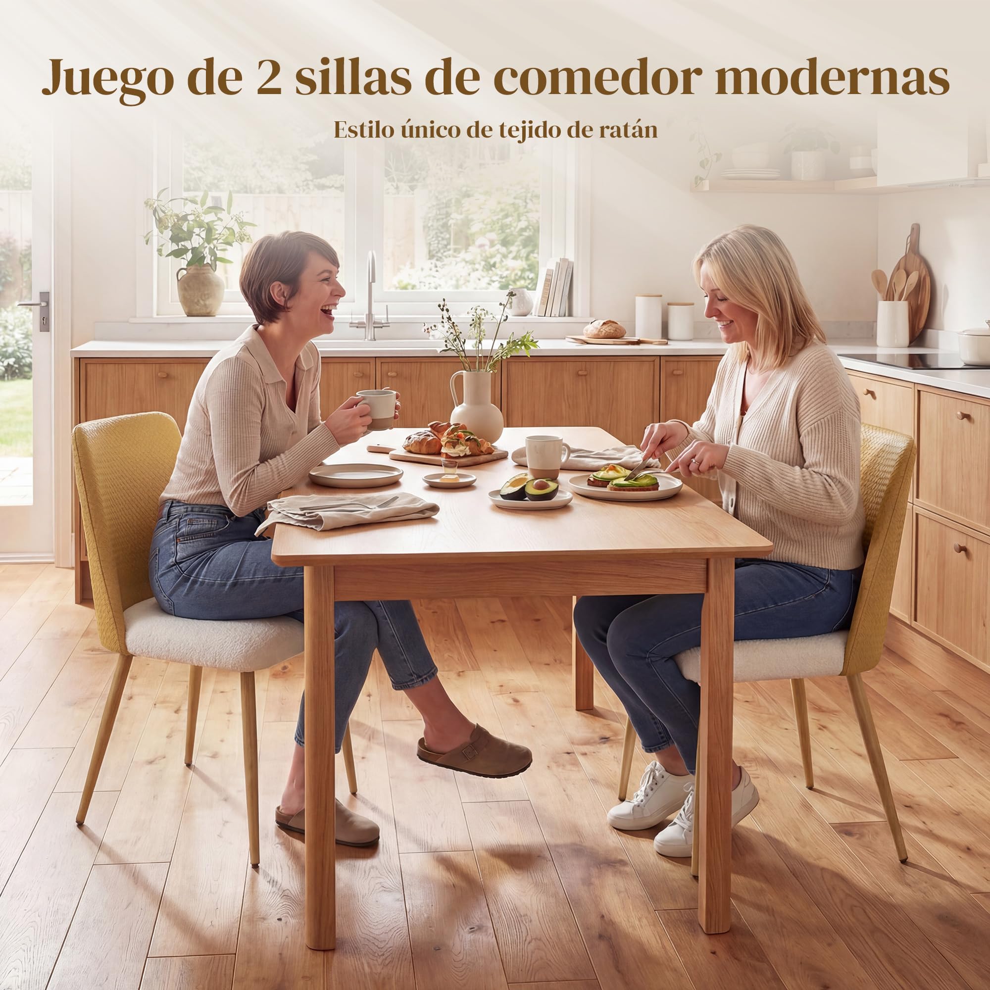 HOMCOM Juego de 2 Sillas de Comedor, Sillas de Cocina con Respaldo de PU de Imitación Ratán, Asiento Acolchado, Patas de Acero, para Salón, Marrón y Beige