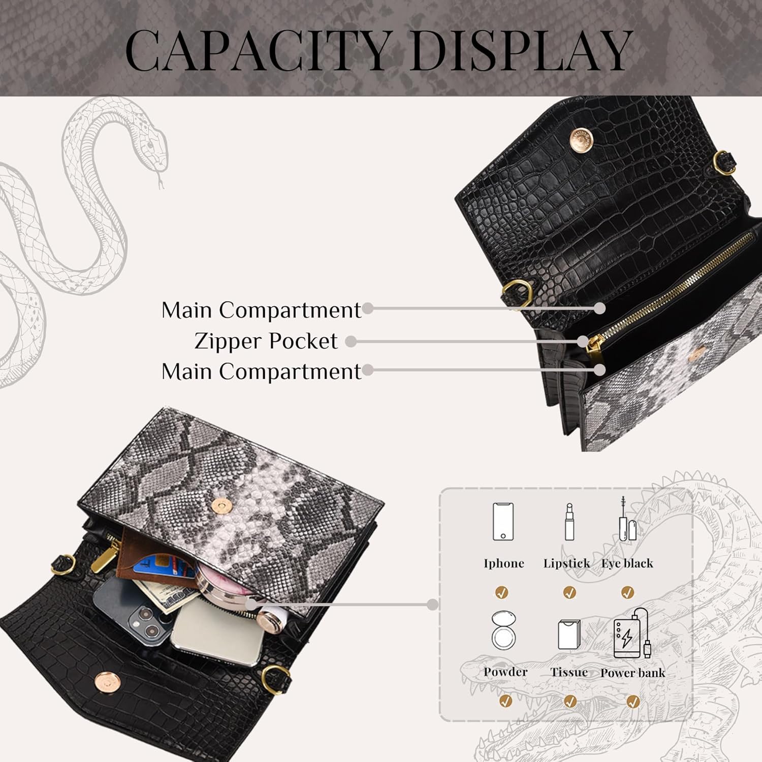 Women Leather Crossbody Purse Bags,Fashion Crocodile&Snake Printed Leather Shoulder Bags,Small Clutch Bags - Image 5