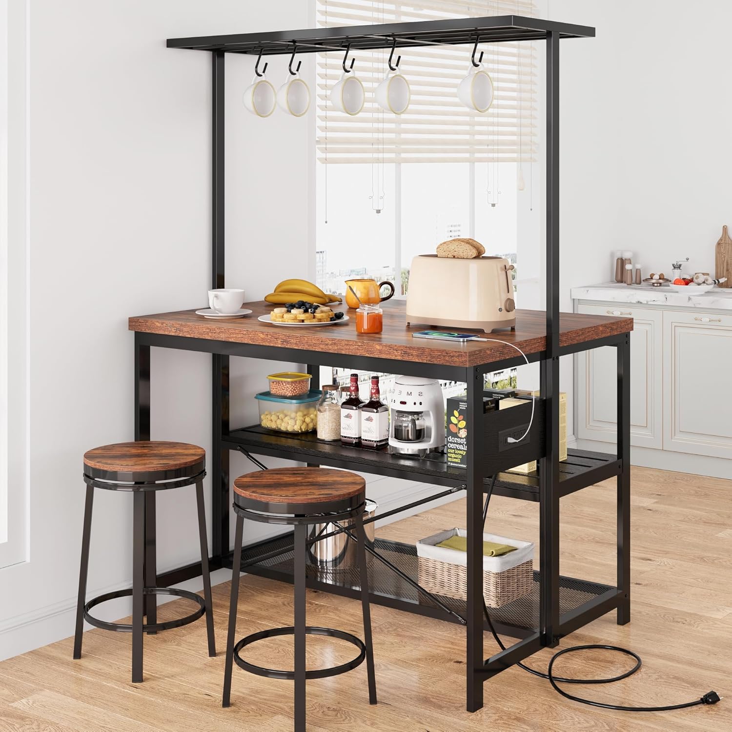 CABIHOME 47" Multi-Functional Kitchen Island with Storage – Heavy-Duty Wood & Metal Design, Microwave Shelf, 3-Tier Shelves, 5 Hooks, Coffee Bar Convertible (47"x28"x72")