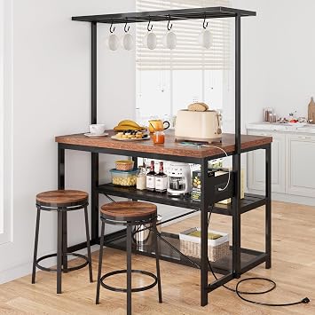 47" Kitchen Island with Power Outlet & Storage 3-Tier Bakers Rack, Microwave Stand, 400lb Capacity, 4 Outlets + 2-Meter Cord, 5 Hooks for Pantry Organization Brown