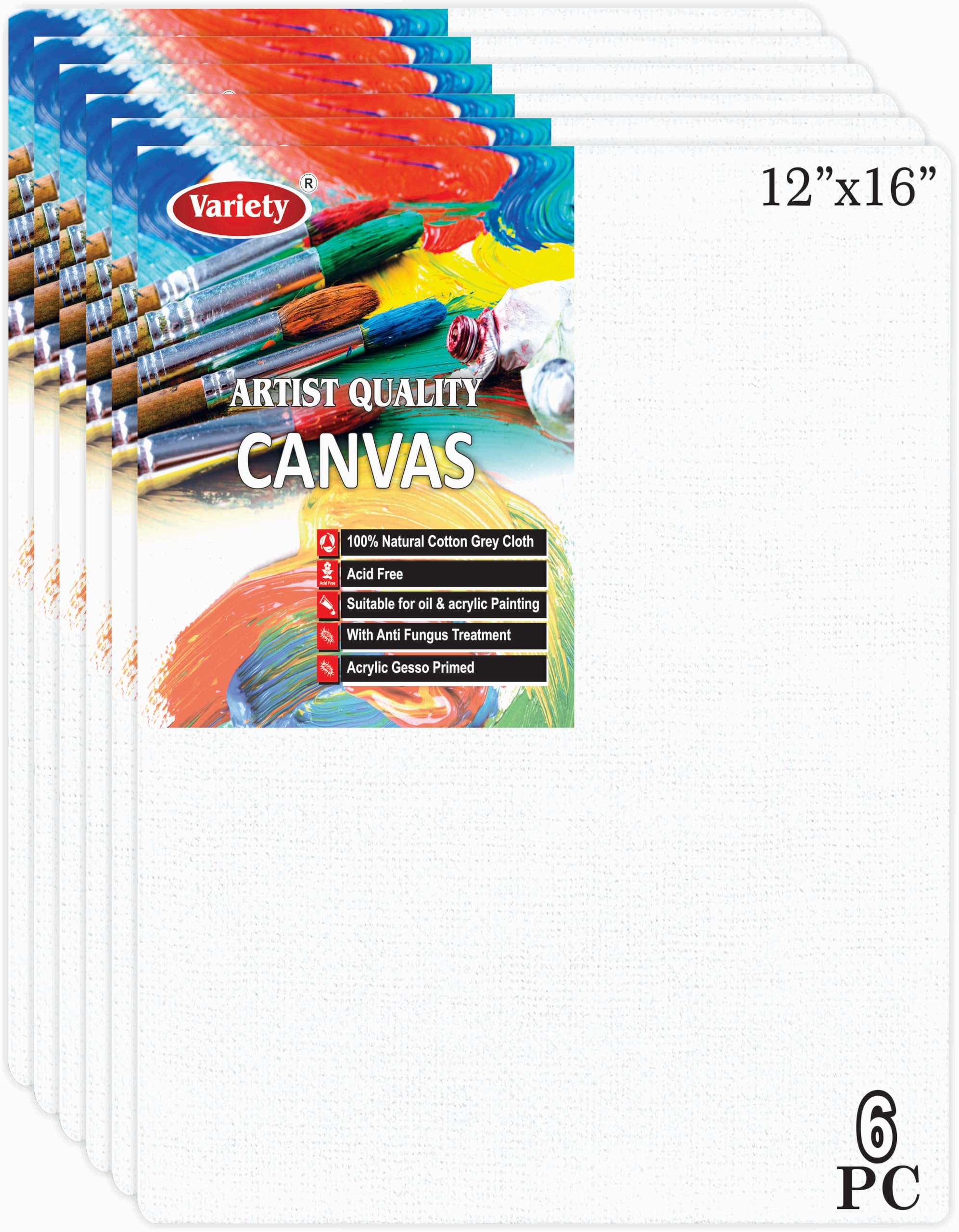 VARIETY CANVAS 12 X 16 Inch Cotton Canvas Board for Painting, 7OZ Primed, Pack of 6 Piece - White