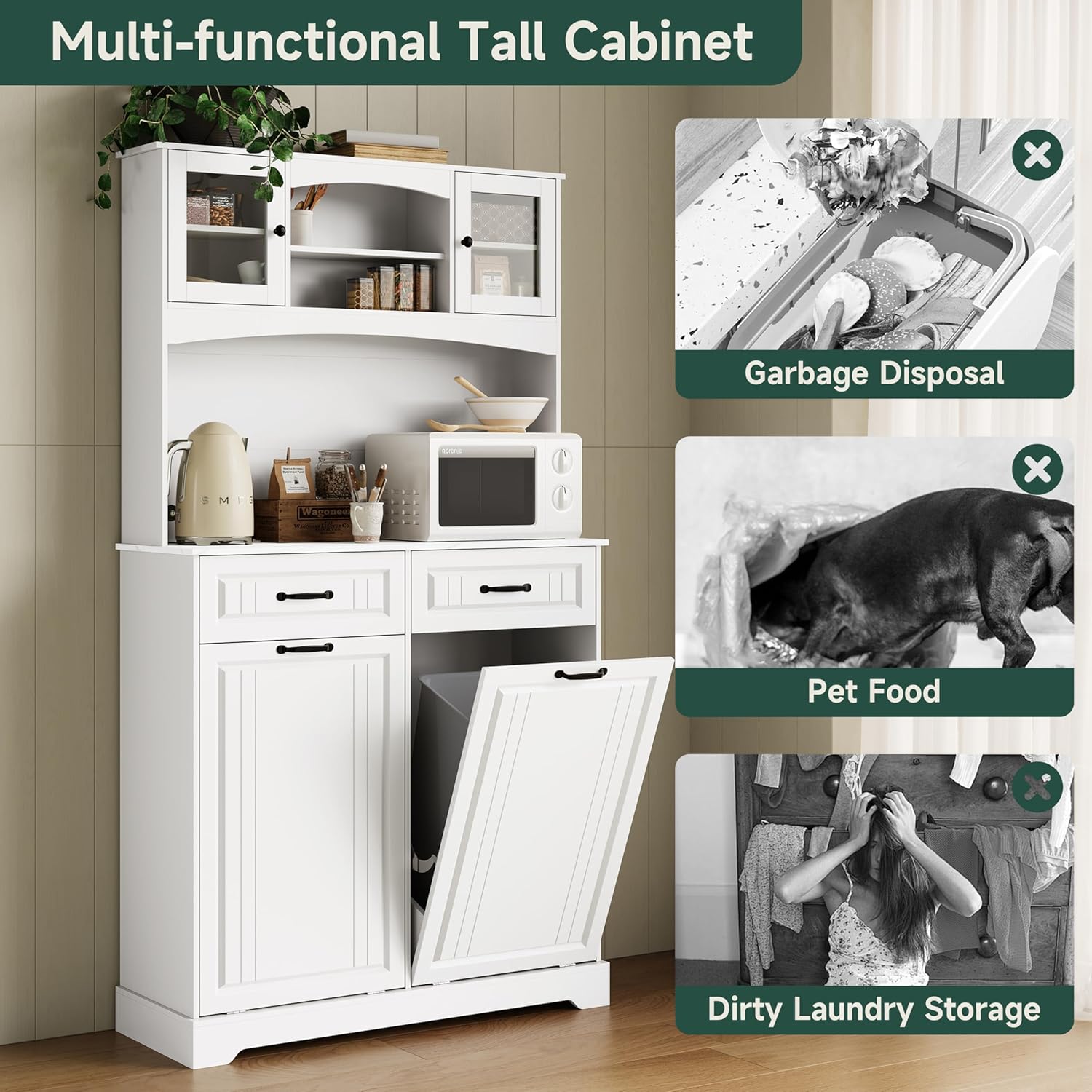 Double Tilt Out Trash Can Cabinet with Deodorizing Function and Power Outlet, 71" Tall Kitchen Pantry Storage Cabinet with Hutch & 2 Drawers, 2 x 13 Gallon Freestanding Recycling Garbage Cabinet