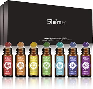 Slema 7 Chakra Crystal Roller Set - 7 x 5ml Essential Oil Roll-Ons with Jade & Amethyst Ball for Meditation, Yoga, Gift Set (7 x 5ml-Essential Oil Roller Sets)